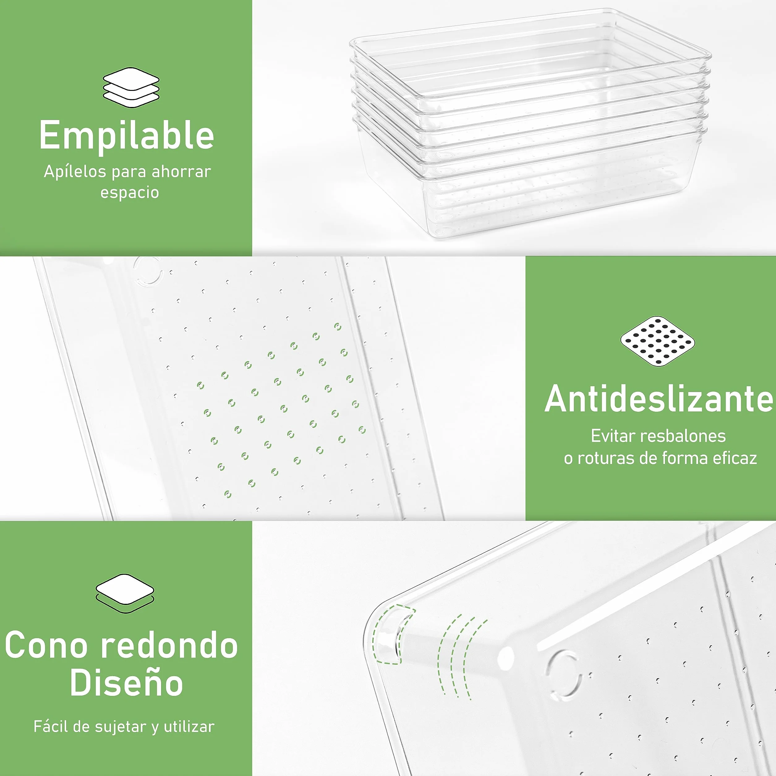6 Piezas Organizador Cajones Cocina Baño Transparente Plastico Grande para Cubiertos Maquillaje Joyas