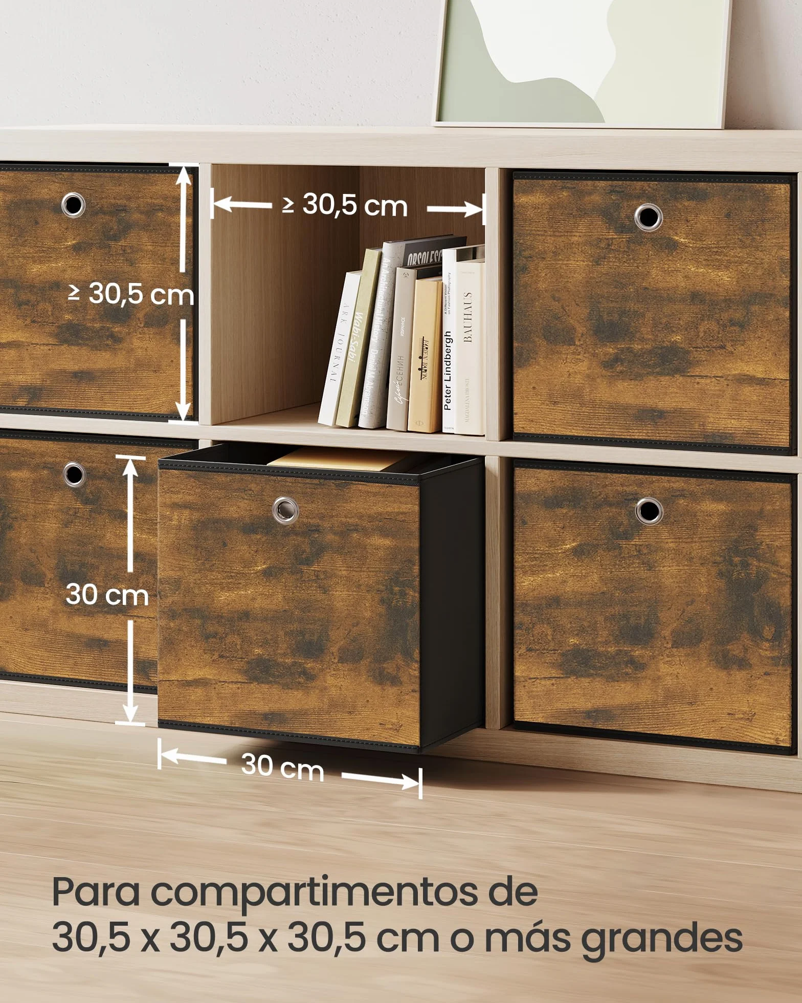 SONGMICS Caja Almacenaje 6 Cajas Almacenamiento Tela Oxford 30x30x30 cm Plegable Marrón Rústico y Negro
