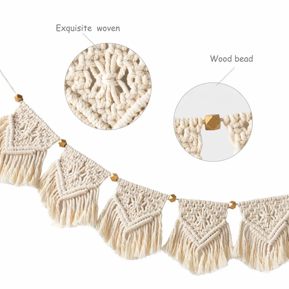 Mkouo Colgante de Pared de macramé Tapiz Banner de Guirnalda de Flecos Decoración de la Pared de algodón Tejido for Sala de Estar Dormitorio Boda decoración，19cm(W) x 101.6cm(L)