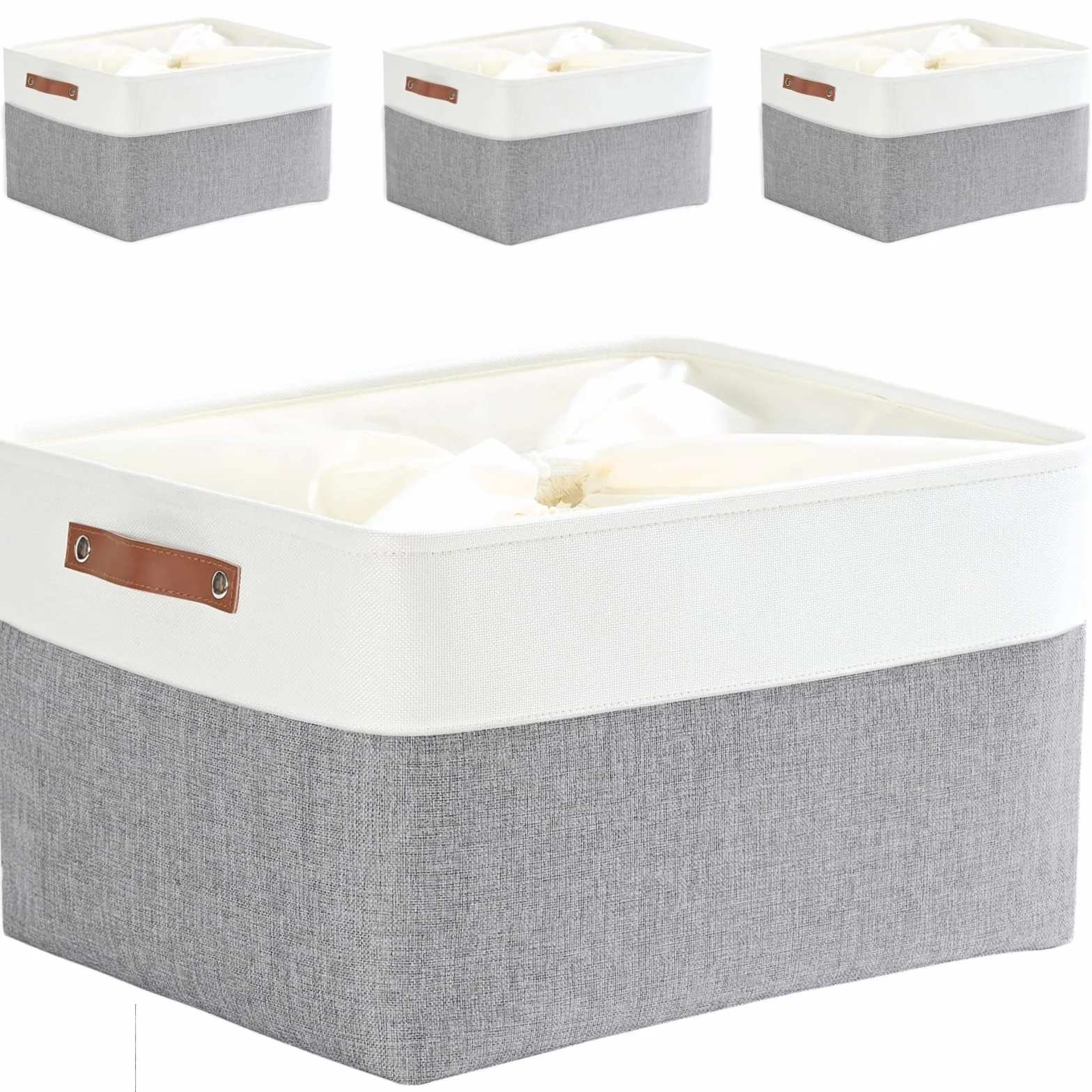 Mangata - Cajas de almacenamiento jumbo de tela, [paquete de 4] cesta de almacenamiento plegable acolchada con asas para estanterías de ropa (XXL, gris/blanco)