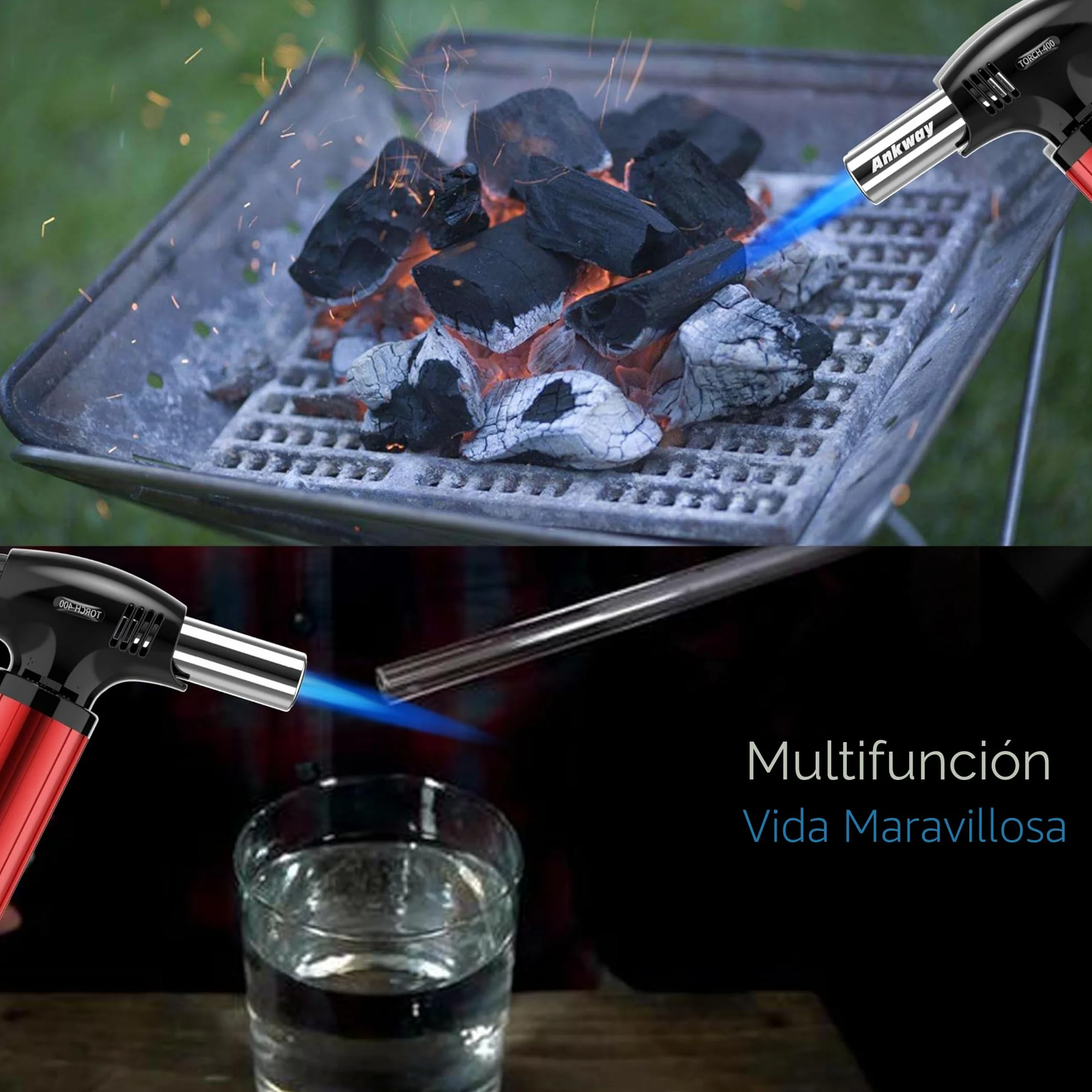 Soplete de cocina recargable con bloqueo de seguridad y llama ajustable Rojo