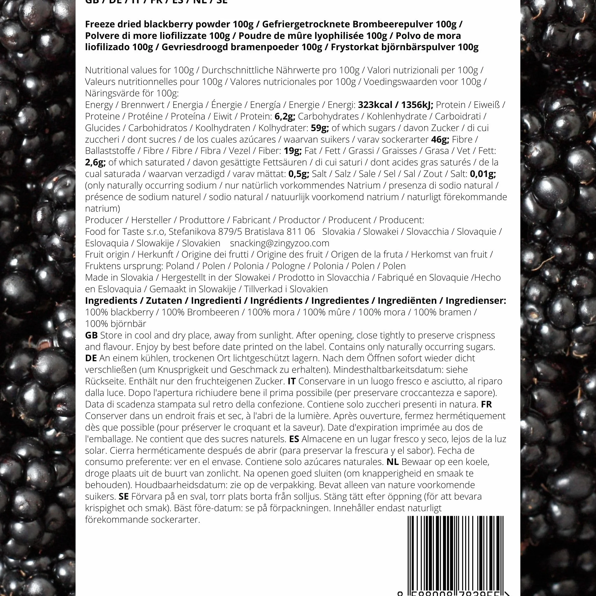 Polvo de Mora Liofilizado Natural Puro 100% Deshidratados Sin Azucar Blackberry Fruit Powder Freeze Dried ZingyZoo
