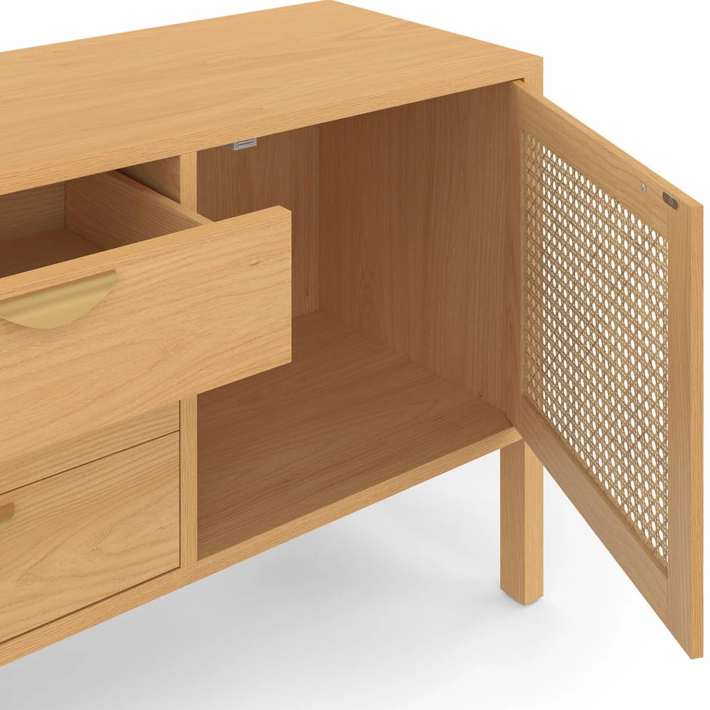 IDMarket EDHEN - Aparador bajo (140 cm, 2 puertas y 3 cajones, madera y cannado), Estanteria Almacenaje, Mueble
