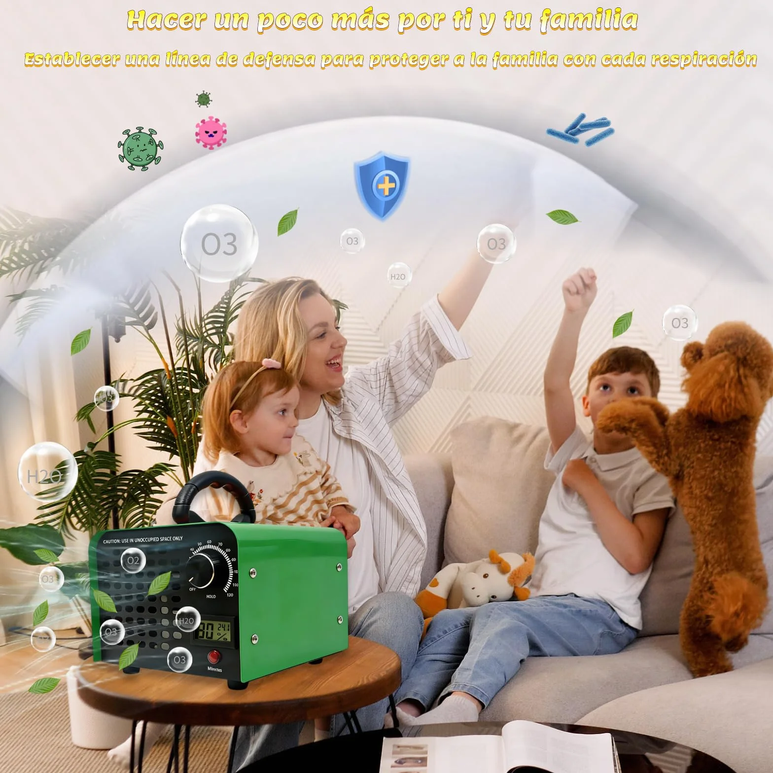 DawnMeet Generador de Ozono 40000mg/h 300㎡ Máquina Ozono Termohigrómetro Temporizador 120 Minutos Verde