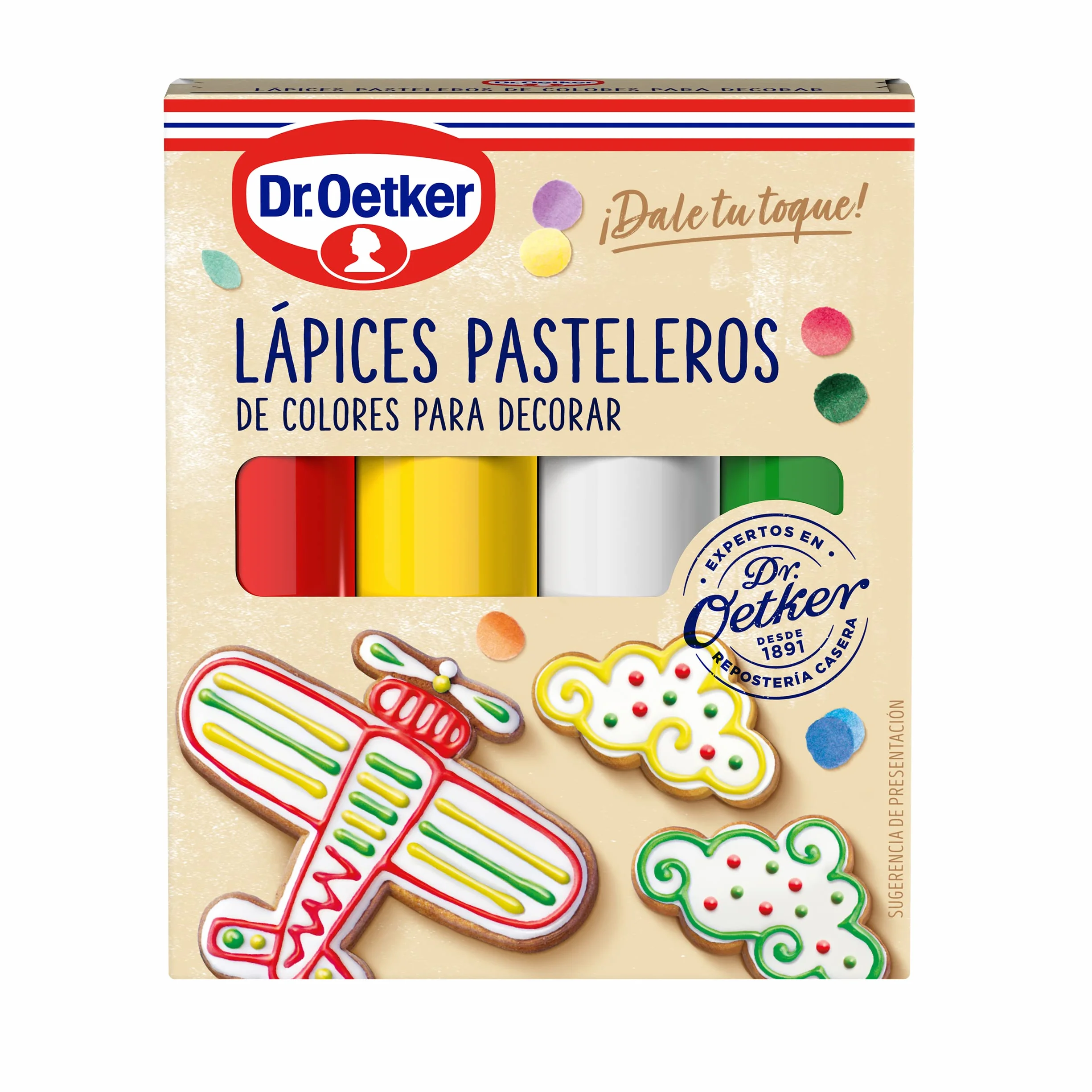 DR. OETKER 4 Lápices Pasteleros de Colores para Repostería Amarillo Rojo Verde Blanco Decorar Tartas