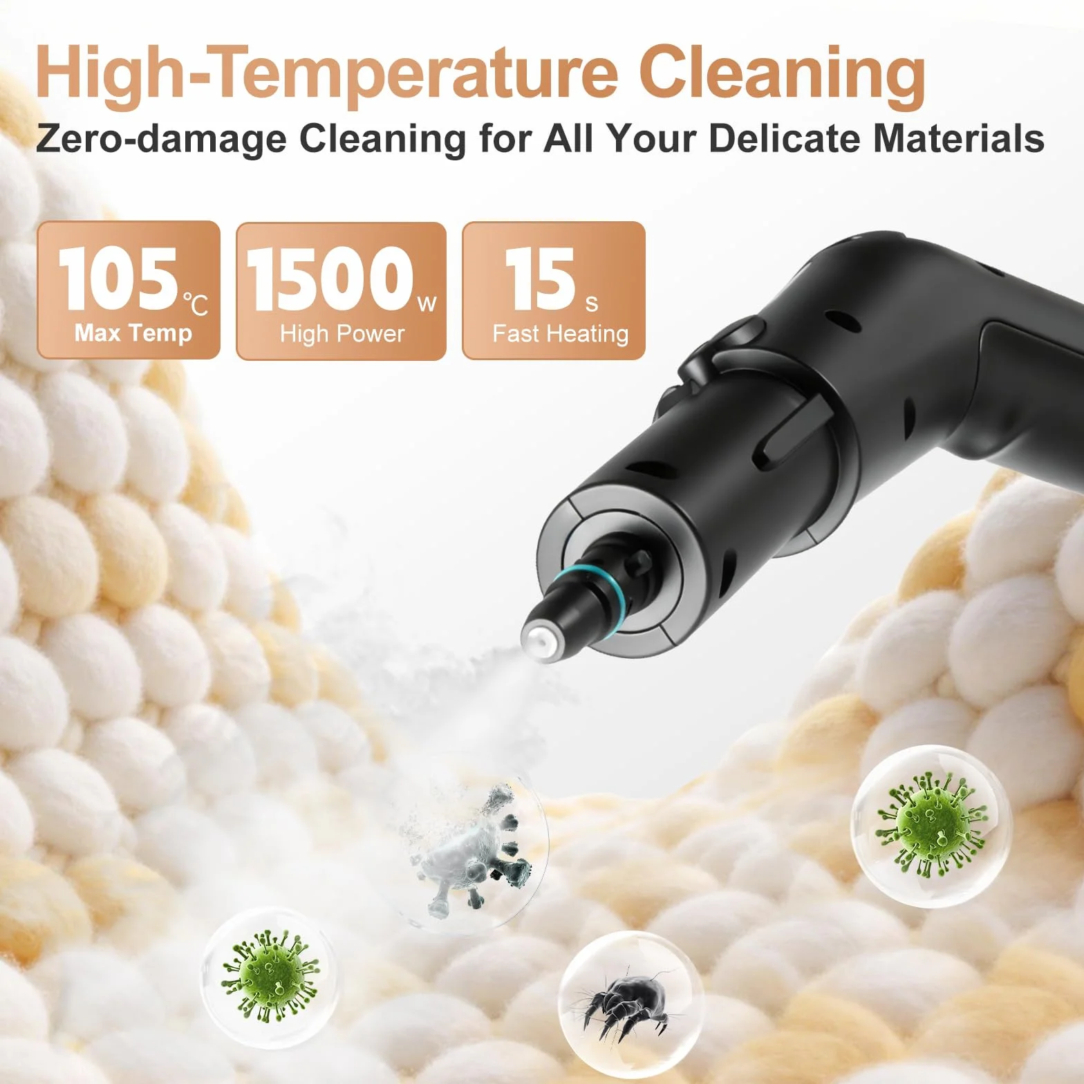 Vaporeta limpieza hogar 1500W, limpiador de vapor portátil 1.8L con 12 accesorios, blanco