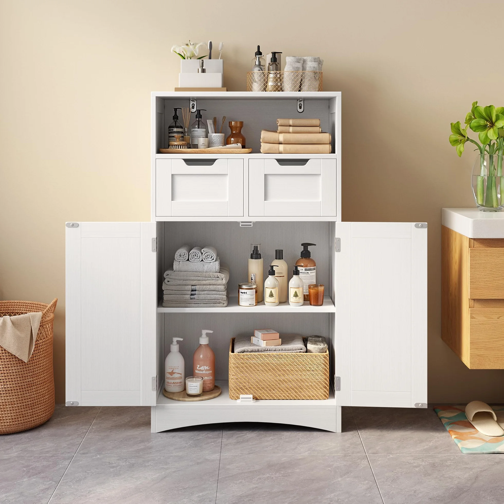 Bealife Armario de Baño 60x30x108 cm con 2 Puertas y 2 Cajones, Estante Ajustable, Blanco
