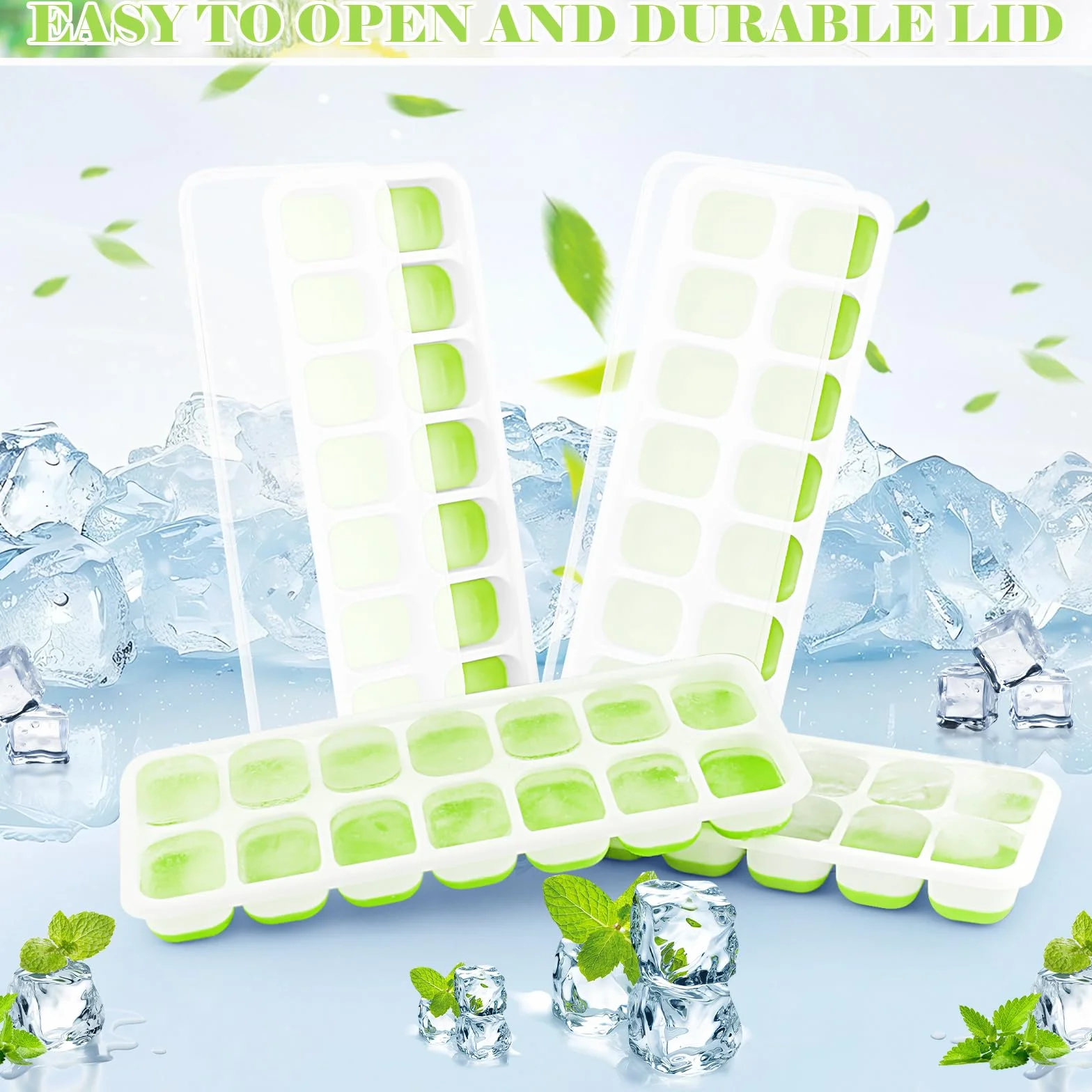RISVOWO Cubiteras para Hielo con Tapa, 4 Piezas Moldes de Silicona Reutilizables Apilables Verde