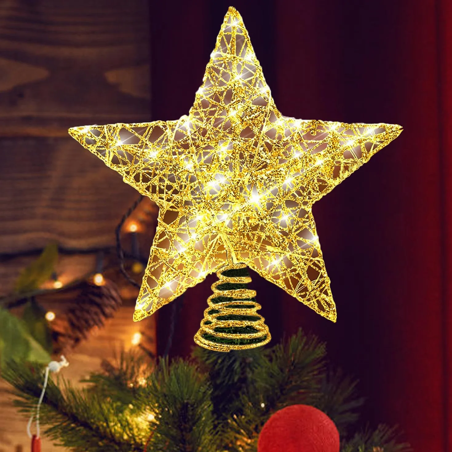 Estrella Arbol Navidad 25 cm con Luz LED 20 Luces Diseño Metal Glittered Decoración Navideña Brillo Dorado