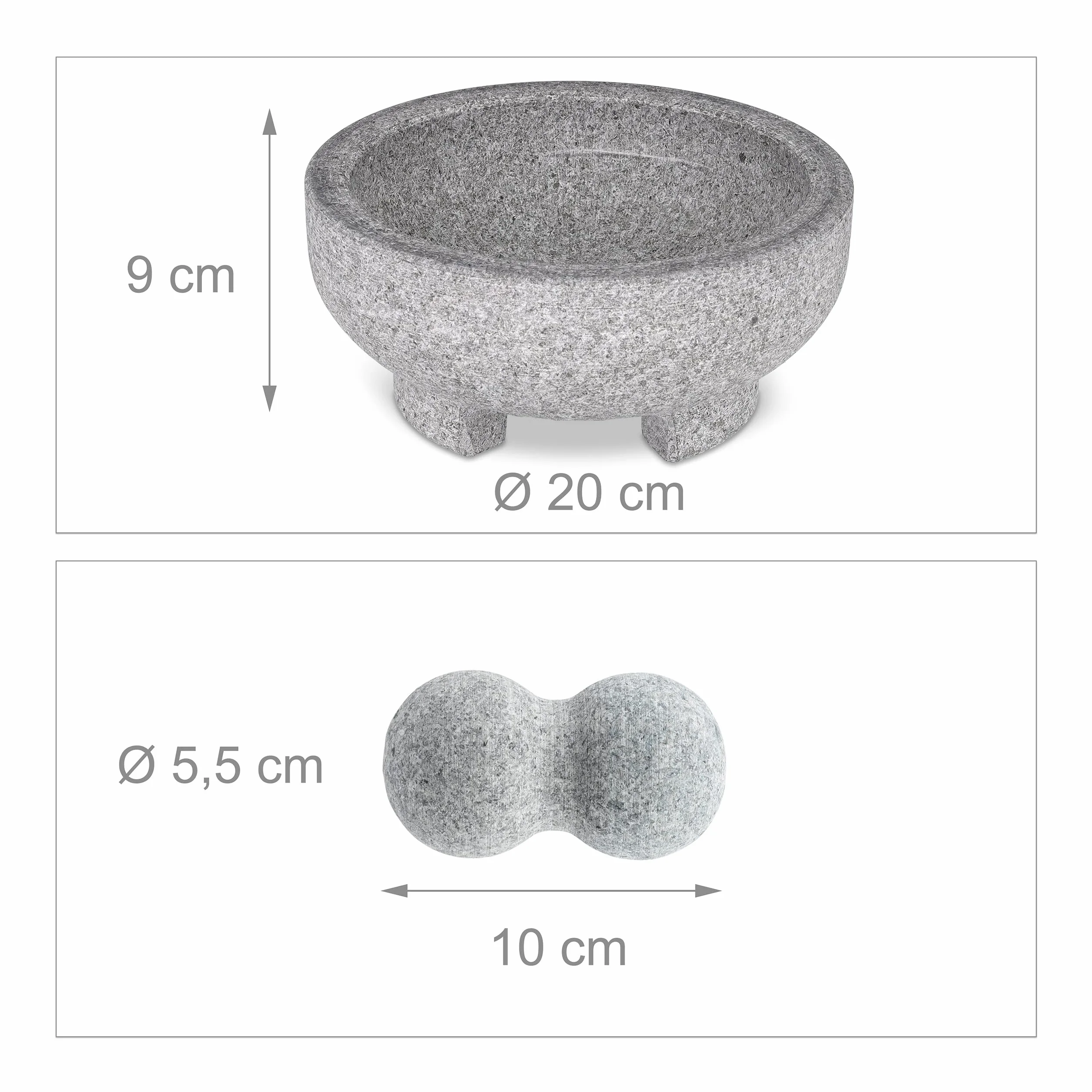 Relaxdays Mortero Granito con Mano, 9 x 20 cm, Resistente, Duradero, Moledor Piedra sin Pulir, Especias y Hierbas, Gris