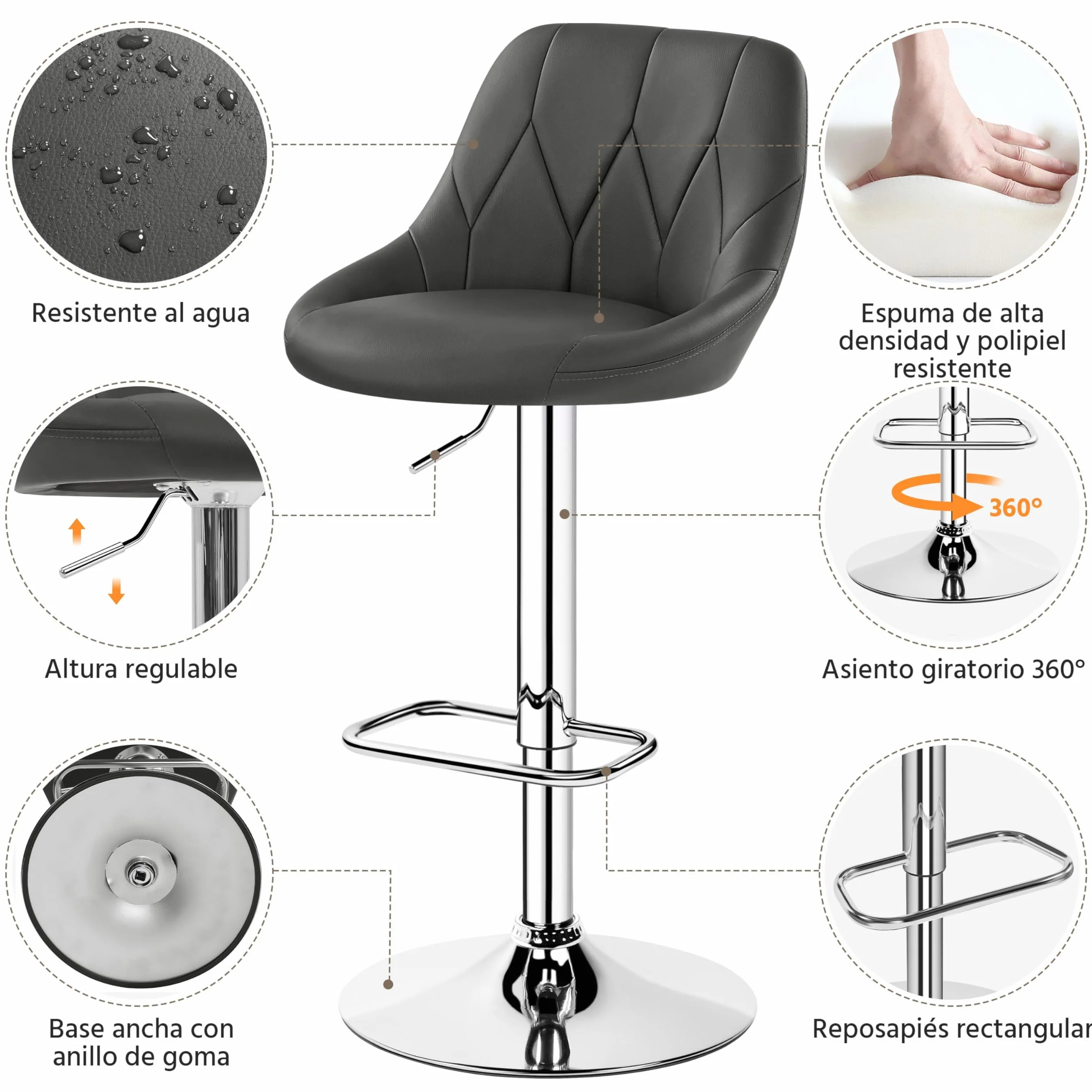 Yaheetech Juego de 2 Taburetes de Bar Ajustables 86-107,5 cm Asiento Giratorio Gris Oscuro