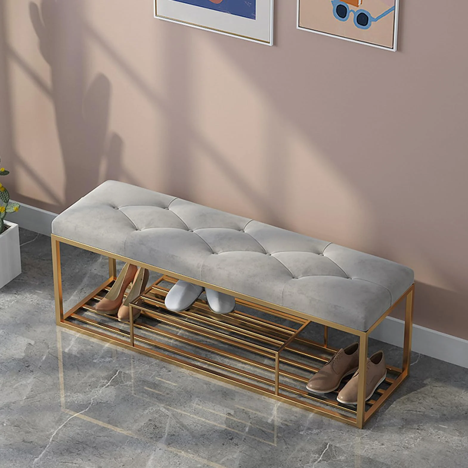Zapatero con marco de metal dorado para entrada, pasillo, sala de estar, dormitorio, banco de zapatos de terciopelo con cojín y almacenamiento