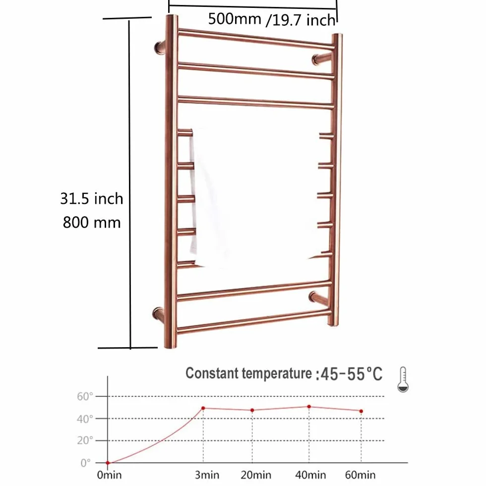 Calentador de Toallas Pared, Oro Rosa Toallero Eléctrico Baño 304 Acero Inoxidable Bajo Consumo 88W Toallero Calentado, Radiador Calientatoallas de Toallero para Baño, 80×50cm,Hardwired