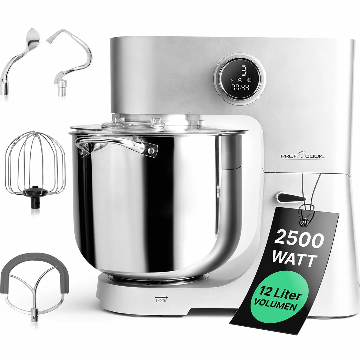 ProfiCook® robot de cocina | XXL | 12L bol | amasadora | motor 2500W | engranaje metálico | pantalla LED | robot de cocina | para hasta 8,5 kg de masa | 13 velocidades | PC-KM 1254 acero inoxidable