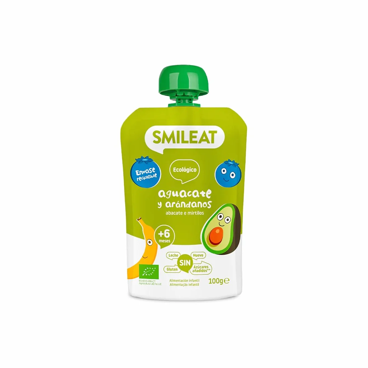 Smileat Pouch de Frutas Ecológicas Sin Sal ni Azúcar Añadido Sin Gluten Sabor Aguacate y Arándanos