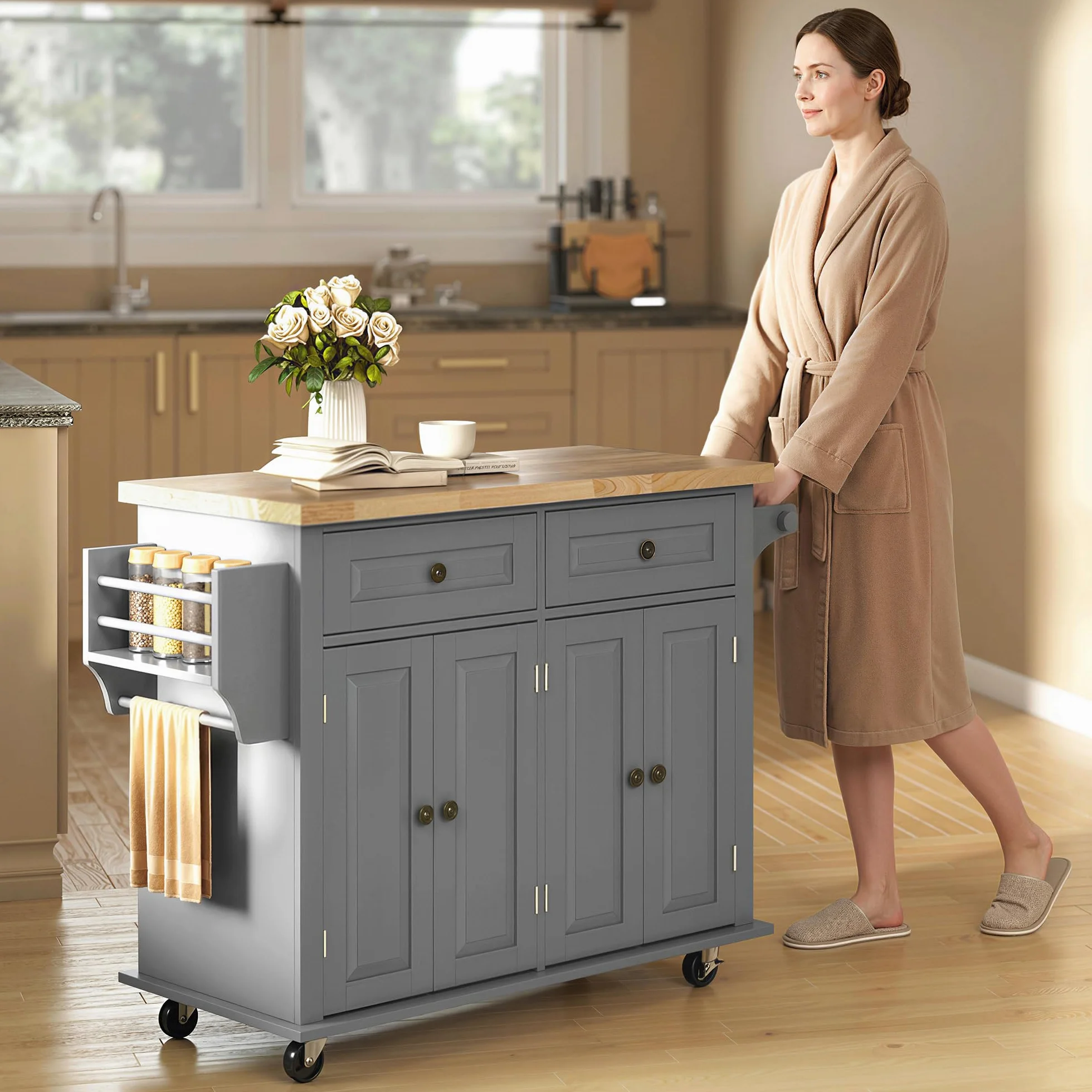 HOMCOM Isla de Cocina con Ruedas Carro de Cocina con 2 Cajones 4 Puertas Especiero Encimera de Madera Estante Ajustable y Barra Lateral para Comedor 111x44,5x82,5 cm Gris