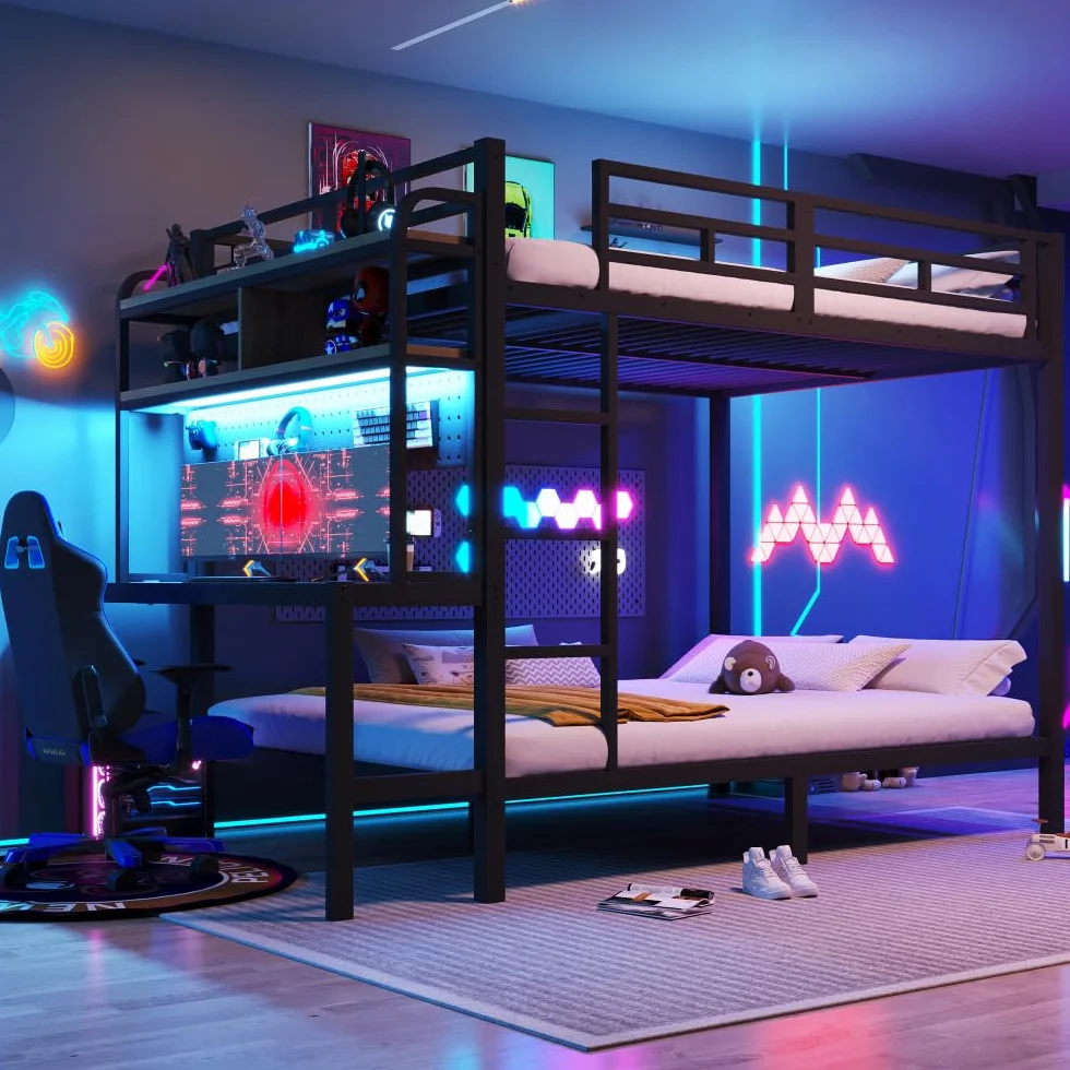 Lubvtti Litera de hierro para niños, 140 x 200 cm, con tira de luz LED, puerto USB, escritorio, compartimento de almacenamiento, cama infantil, estructura de cama de matrimonio (negro)