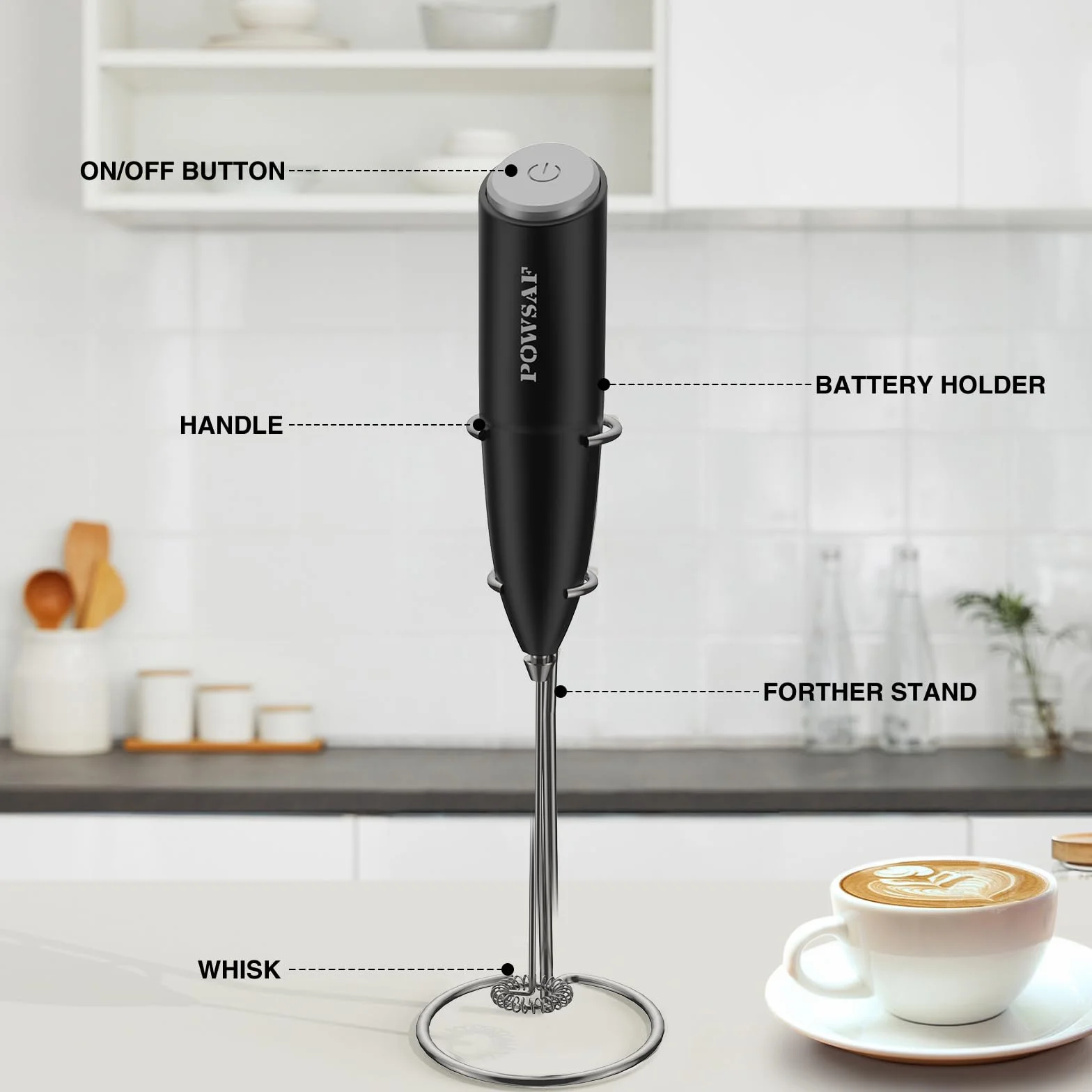 POWSAF Espumador de Leche Eléctrico 13000 RPM, Batidor de Espuma con Soporte, Negro