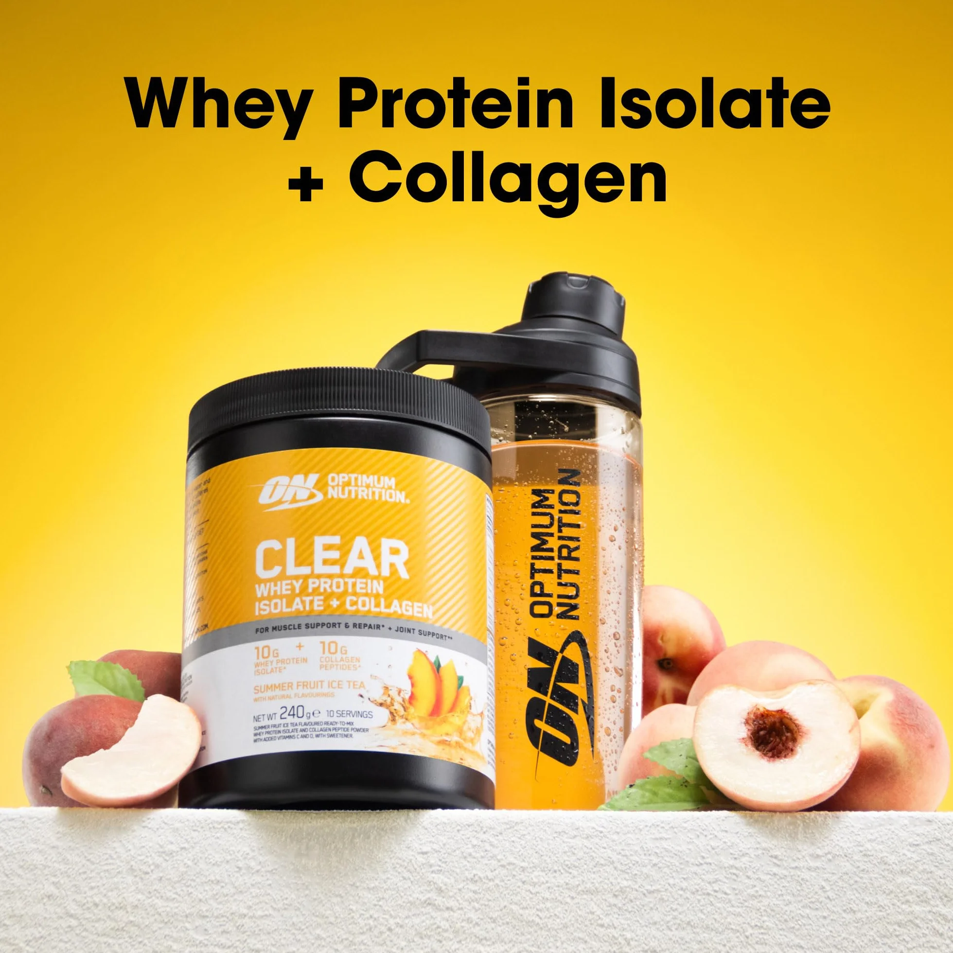Optimum Nutrition Clear Whey + Colágeno, Té Helado Frutas de Verano, 240 g, 10 Porciones