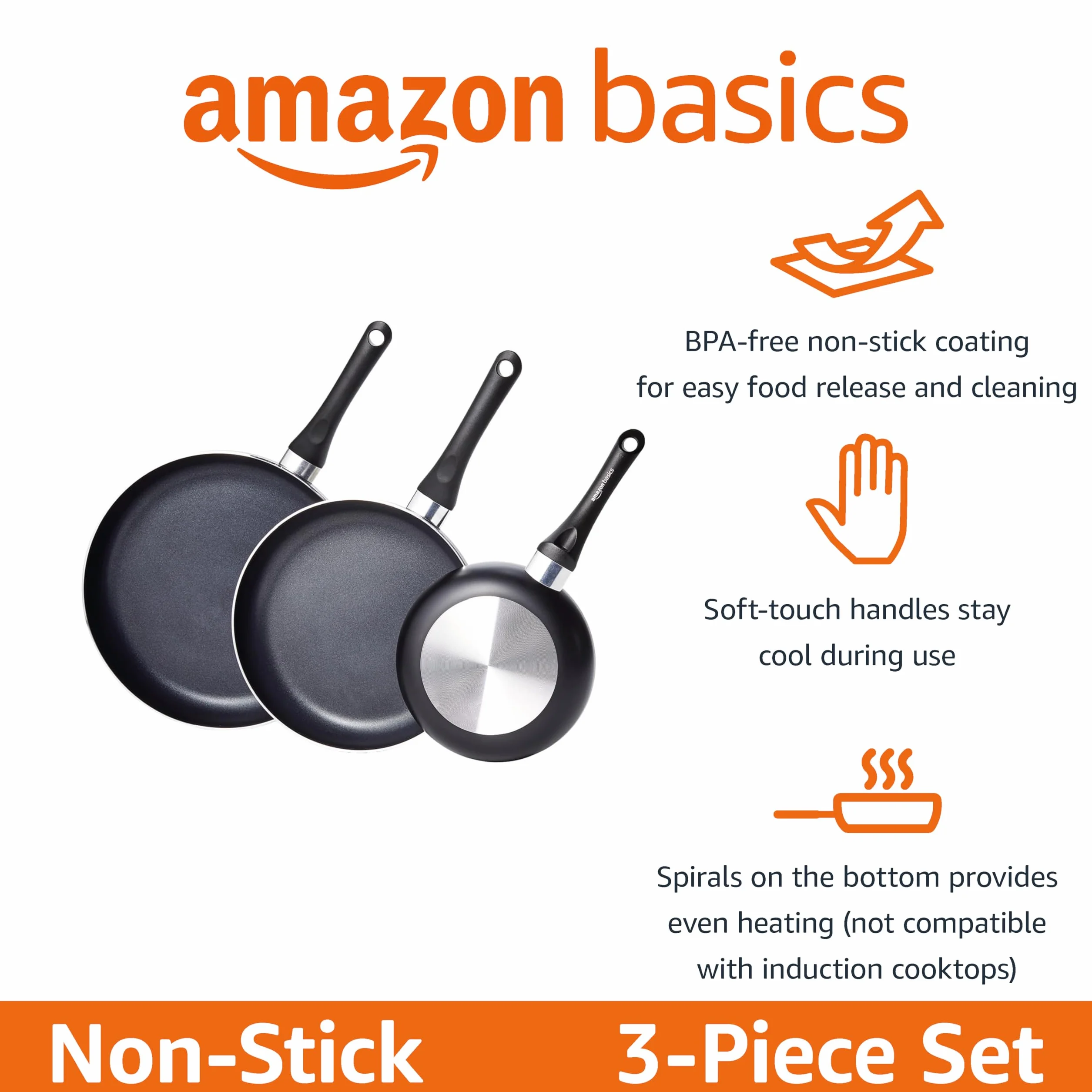 Amazon Basics Set de sartenes antiadherentes 3 piezas 20 cm 25 cm 30 cm Negro