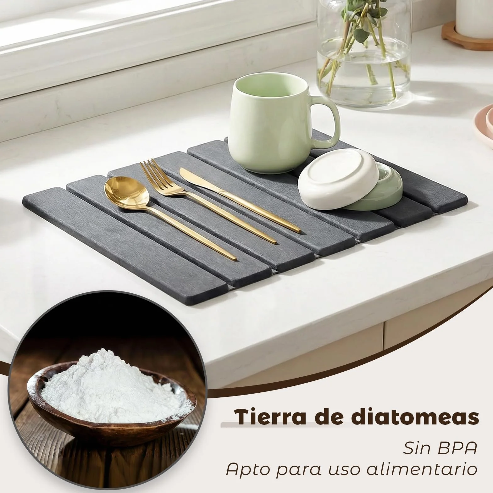 Escurreplatos de Diatomita Absorción Rápida y Secado Rápido Piedra Diatomita Alfombrilla Escurridor de Platos Fregadero Cocina Gris Oscuro 40 x 30cm