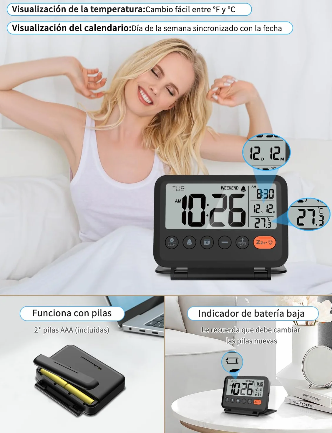 Reloj Despertador Digital de Viaje LCD con Fecha, Temperatura, 12/24H, 2 Volúmenes, Plegable