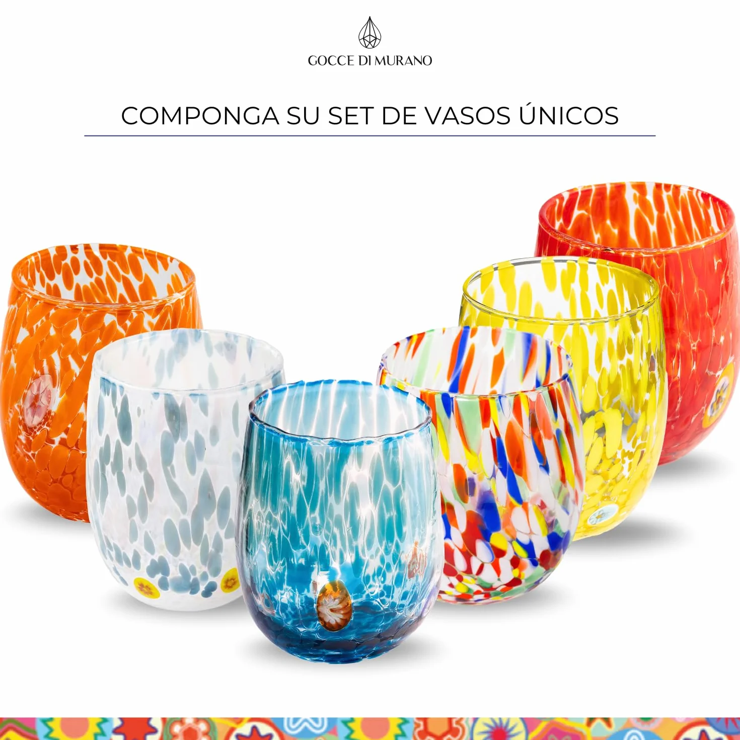Gocce di Murano - Juego de 6 vasos de agua (300 ml, vidrio soplado y trabajado a mano, 300 ml, vidrio de arco iris, lluvia