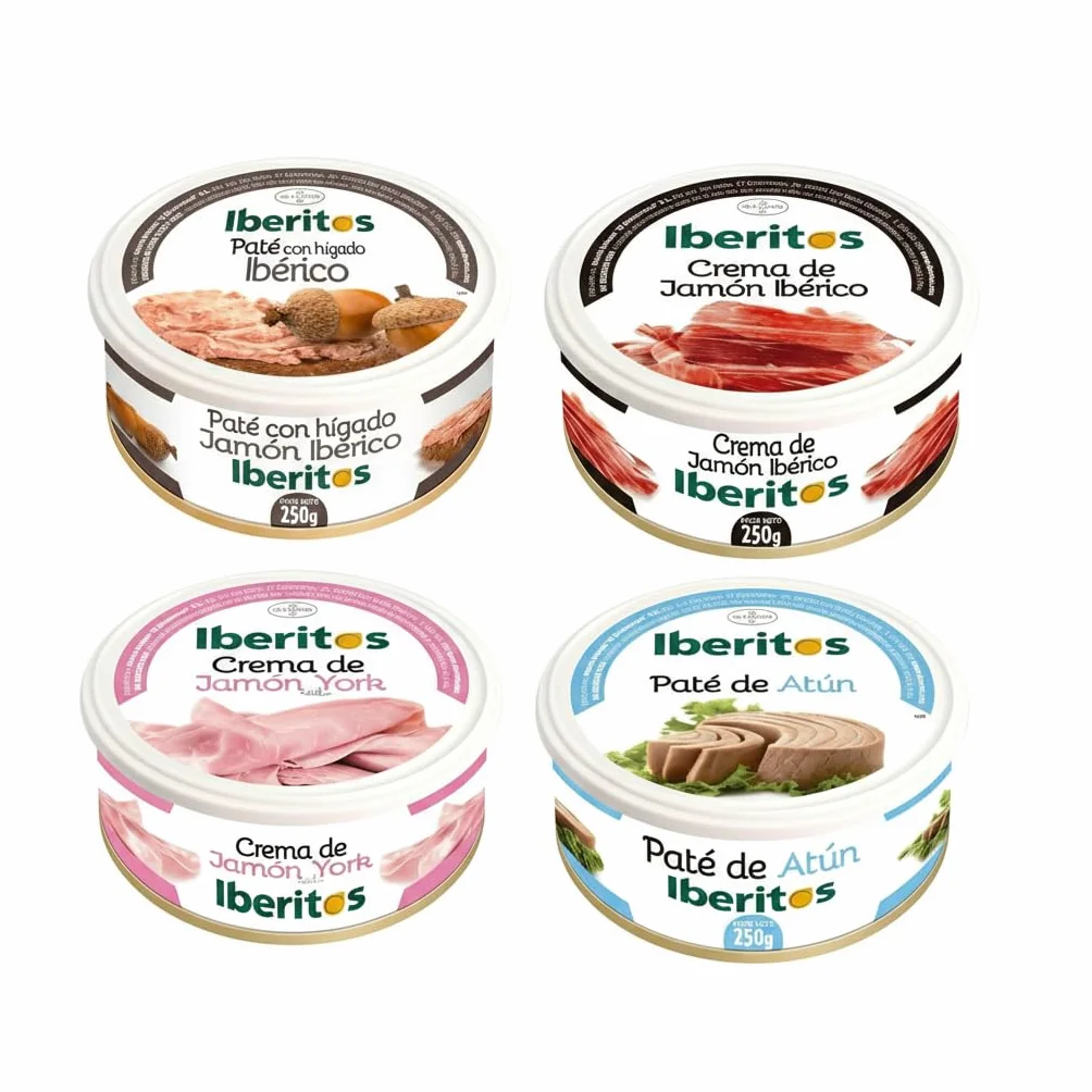Iberitos Pack Variado 4 Tarrinas 250g Paté de Hígado Ibérico Crema Jamón Ibérico Jamón York Atún Lote Familiar 1kg