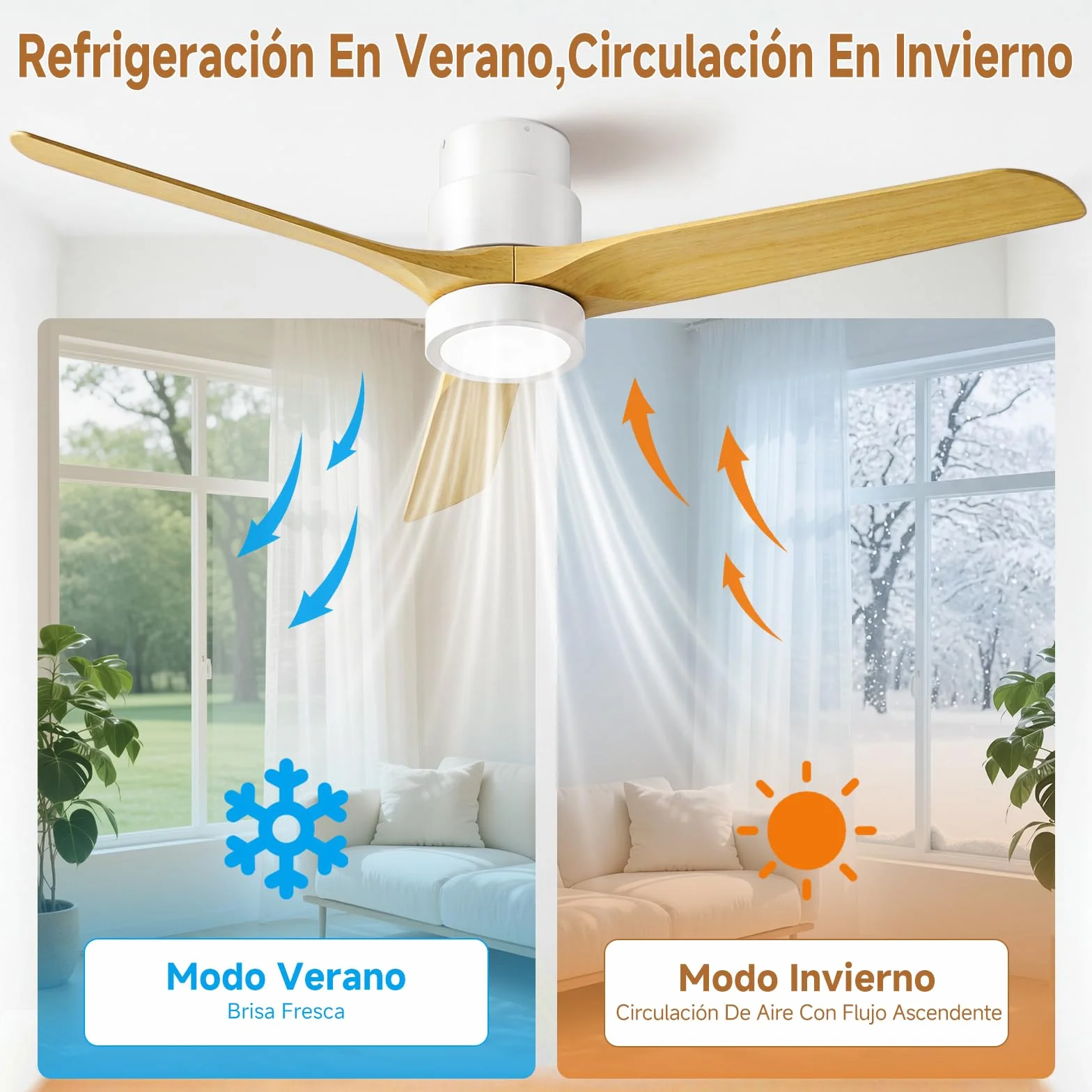 Ateroll Ventilador de Techo con Luz Silencioso, 132cm ABS Ventiladores de Techo con Luz y Mando a Distancia, Velocidades, Temporizador, Función Verano-invierno, para Dormitorio Salón Exterior Terraza