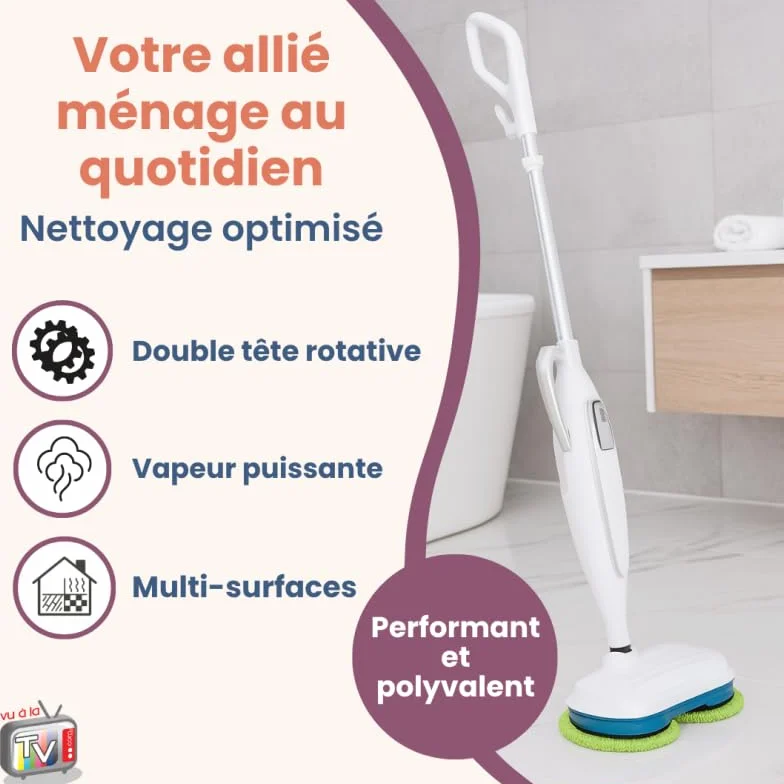 STEAM TWISTER/STEAM SPINNER – TELESHOPPING – VENTEO – Escoba de vapor automático – Doble cabezal giratorio – Vapor hasta 120 °C – Disco de microfibra lavable – 8 accesorios