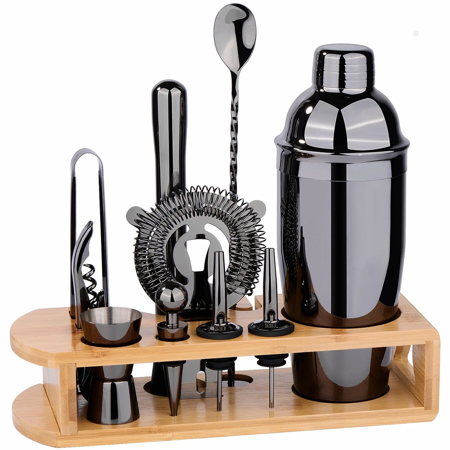 Juego de coctelera para barman: juego de herramientas de bar de 12 piezas con soporte de bambú | Juego de bar con todos los prácticos accesorios de bar, para mezclar bebidas, bar, hogar, salón y