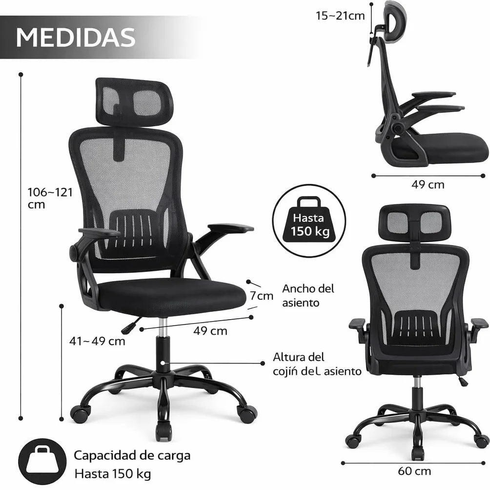 Silla de Oficina Ergonómica con Ruedas Reposacabezas Reposabrazos Ajustables Soporte Lumbar Respaldo de Malla Transpirable Altura Regulable