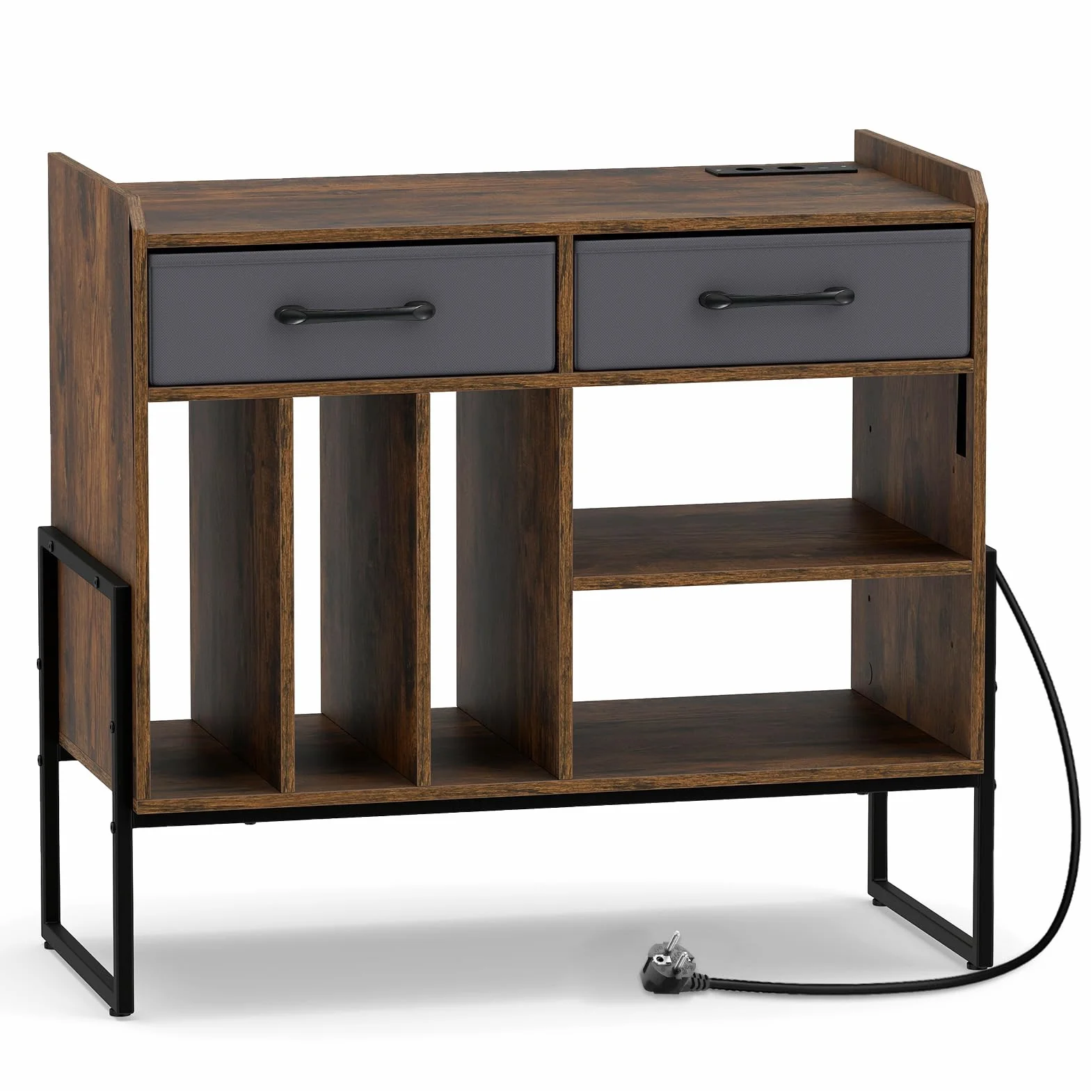 COSTWAY Mueble para Tocadiscos y Vinilos con Estación de Carga, 5 Compartimentos, 76x35,5x68,5 cm