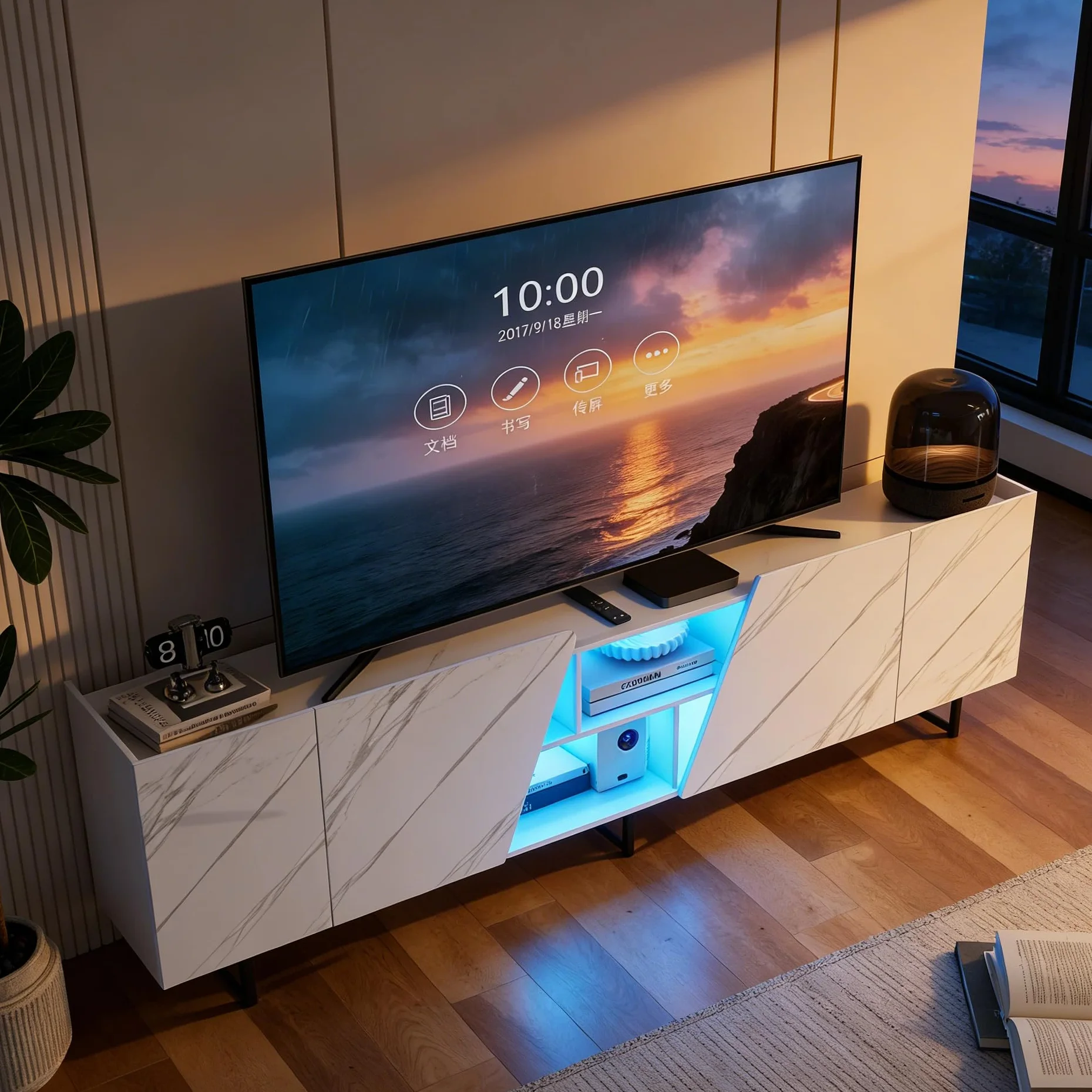 BRILVERDE Mueble de TV con iluminación LED de mármol blanco brillante, 220 cm, mueble bajo para TV con puerta, espacio de almacenamiento y aparadores, para salón (blanco, 220 cm)