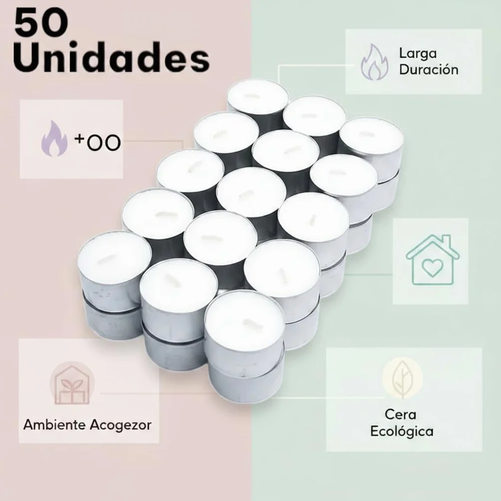 Velas de te Blancas | Pack velas de 50 Unidades | Velas de Té Calientaplatos | Tealight | 3 Horas de Duración | Velas Decorativas Sin Perfume | (50)