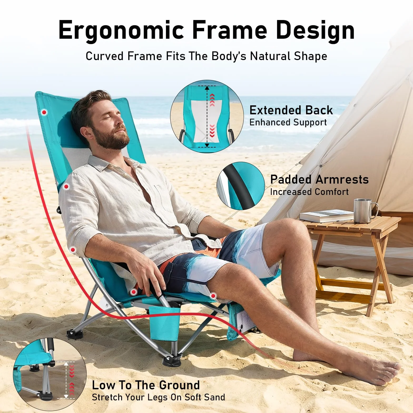 WildFun Silla de playa plegable baja, ligera y portátil, con respaldo alto, soporte para bebidas, soporta hasta 180 kg, para viajes, exteriores, barbacoas, pícnic, festivales (1 unidad, azul)