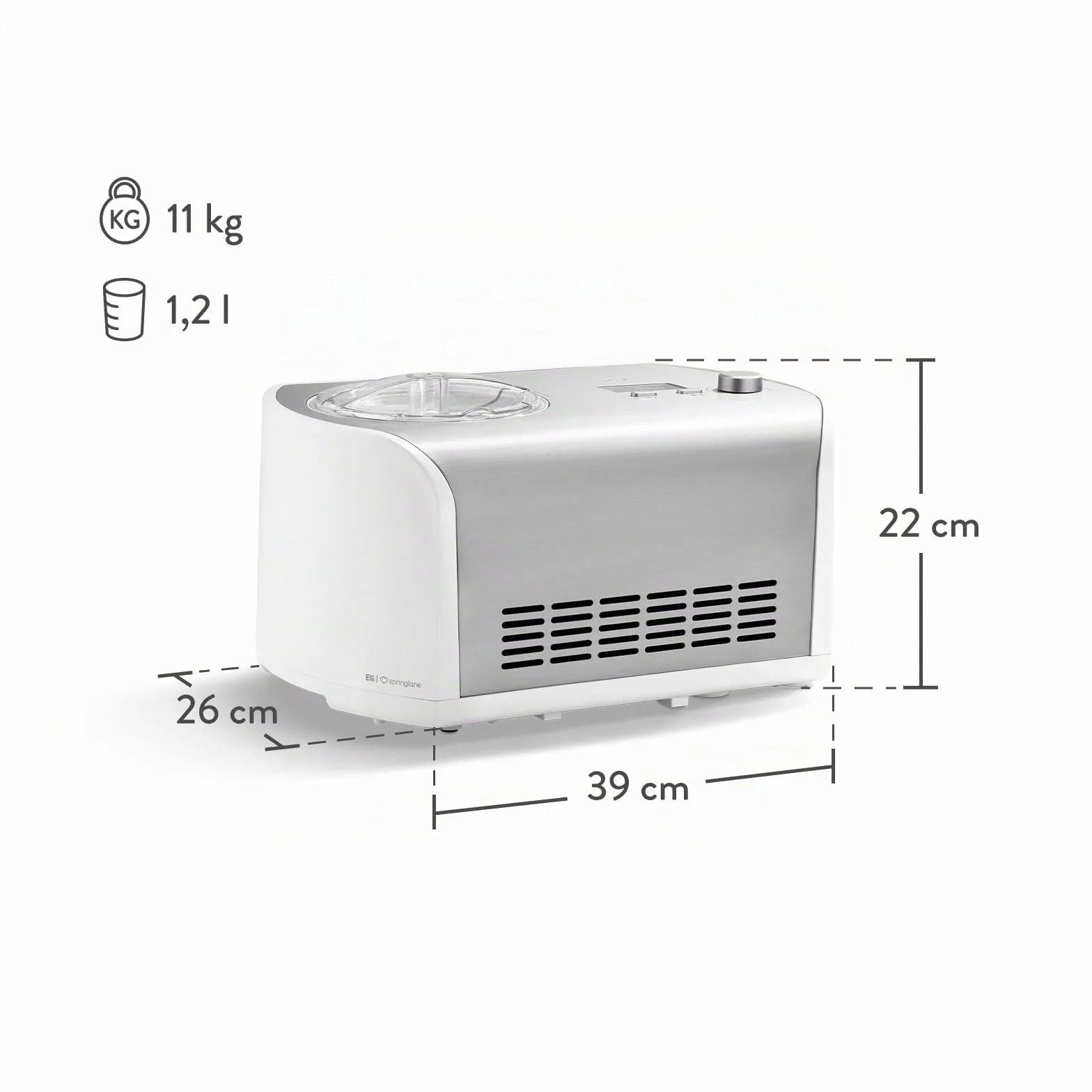 SPRINGLANE Máquina de Hacer Helados con Compresor de 1,2 litros ELLI, Recetas incluidas, Heladera de acero para yogur, Sorbete y Helado, 135 W, display LCD, temporizador, refrigeración