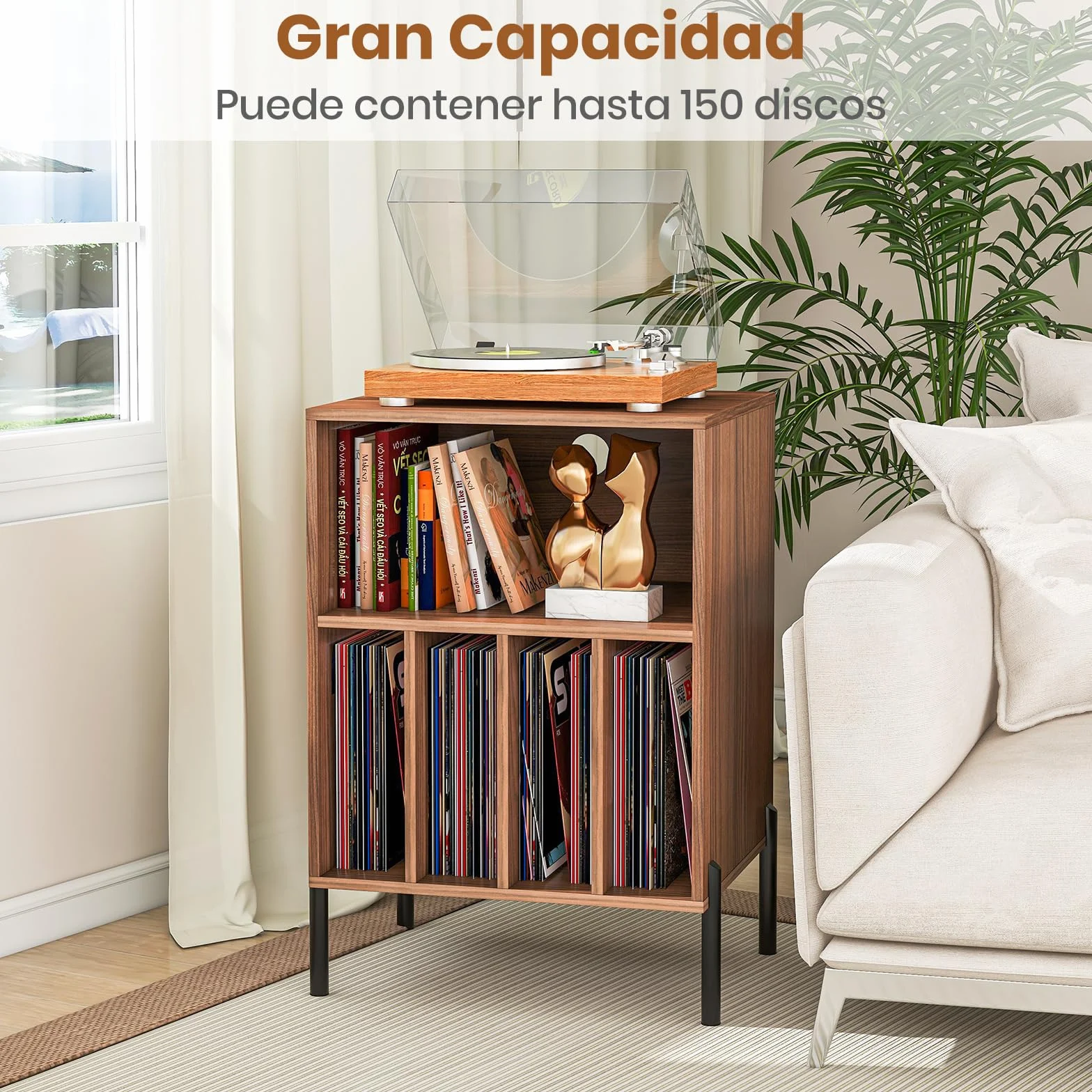 GIANTEX Mesa Auxiliar para Tocadiscos, 53x45x78.5 cm, Mesilla de Noche con Carga, 150 Discos, Marrón