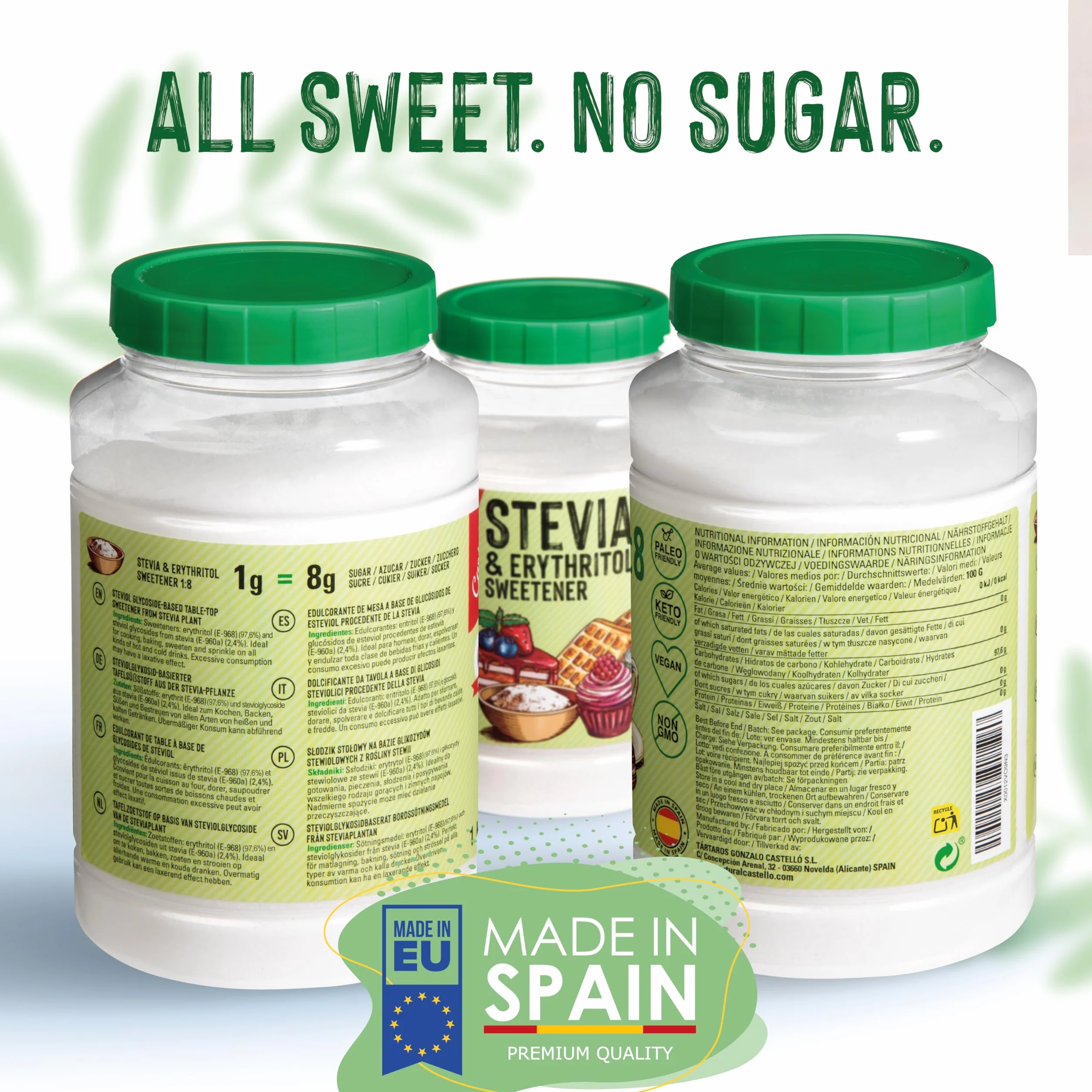Castillo Stevia Eritritol 1:8 1 kg Sustituto del Azúcar 100% Natural 0 Calorías 0 Índice Glucémico Keto Paleo