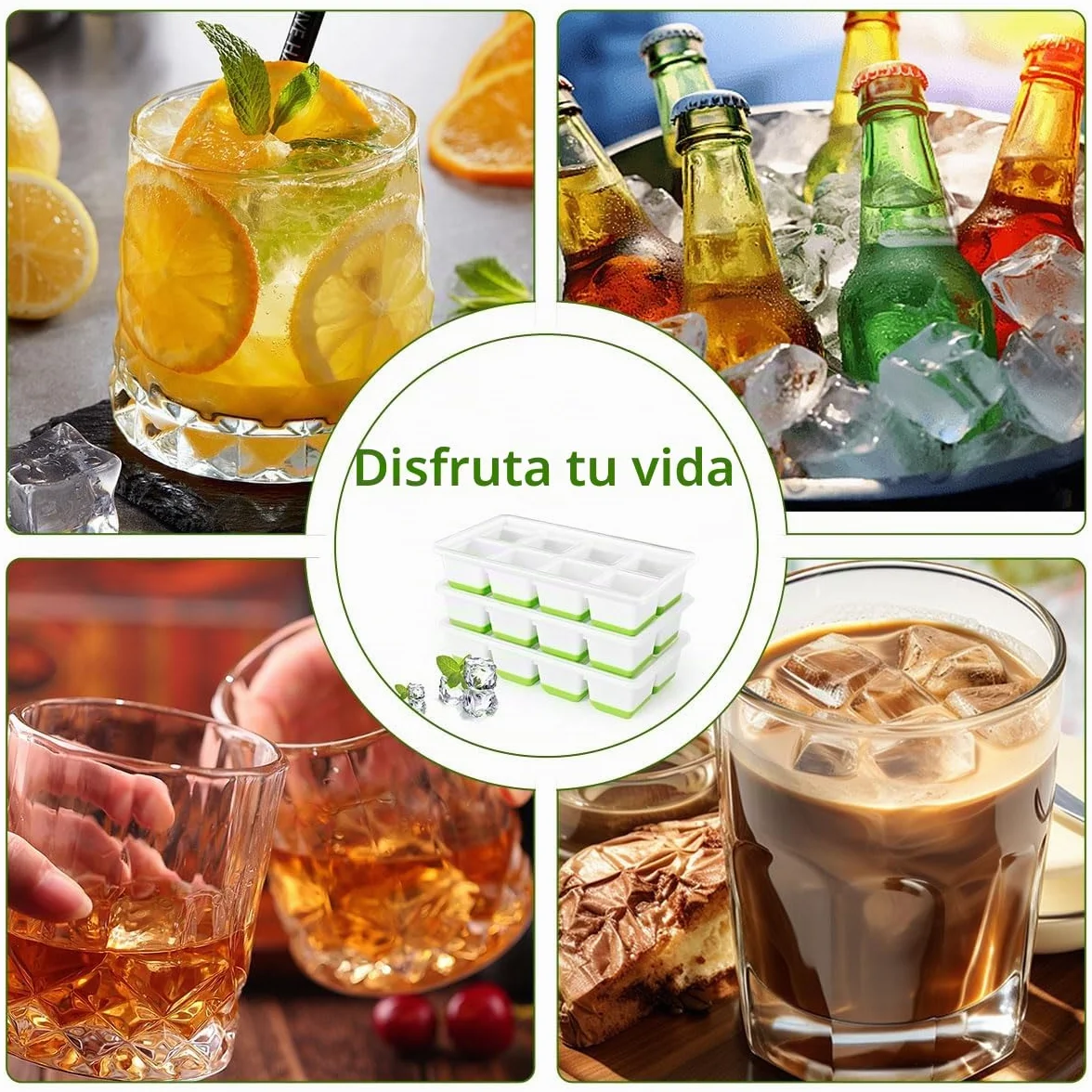 Cubiteras para Hielo Grande Alinana Juego de 3 Cubitera Silicona con Tapa Grandes Apilables Sin BPA Capacidad 24 Cubitos