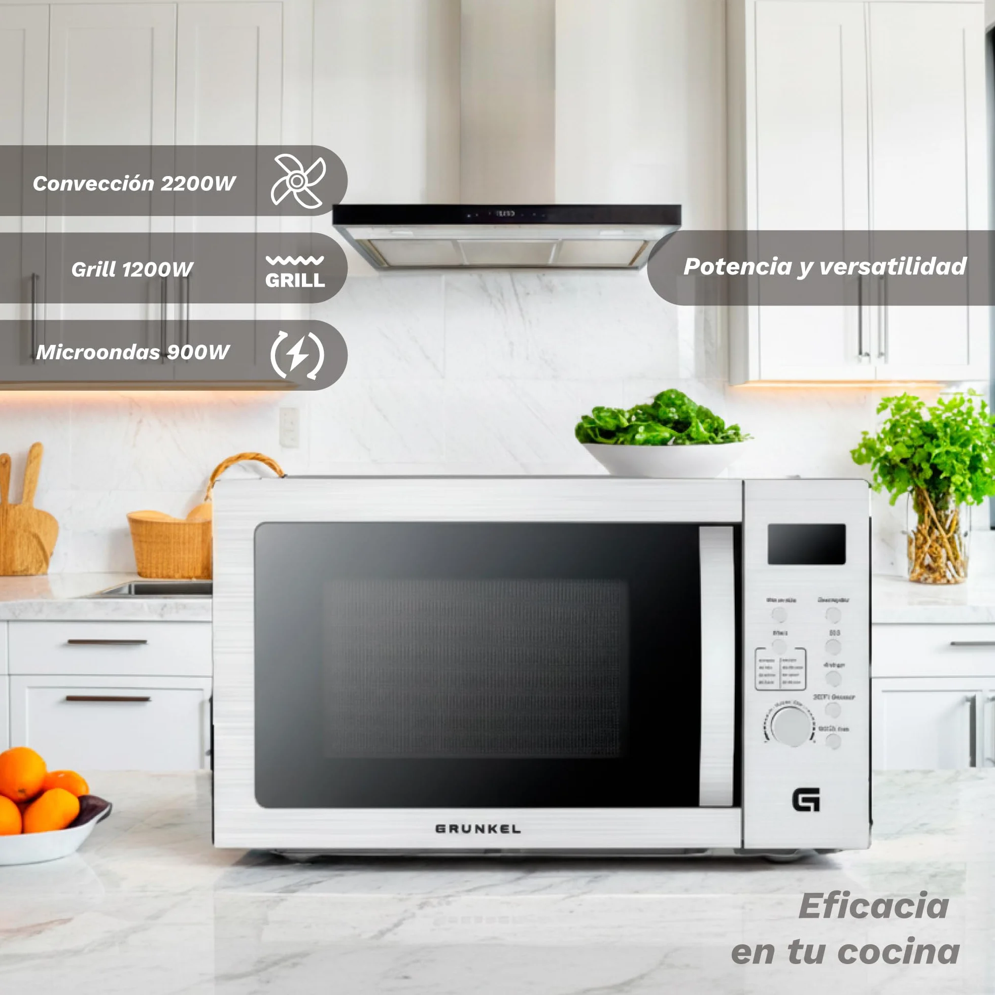 Microondas con grill y airfryer Grunkel MW-28AIRFRYER de 28 litros y 3 funciones, microondas 900W, grill 1200W, airfryer y horno 2200W con 5 niveles de potencia 8 programas y descongelado.