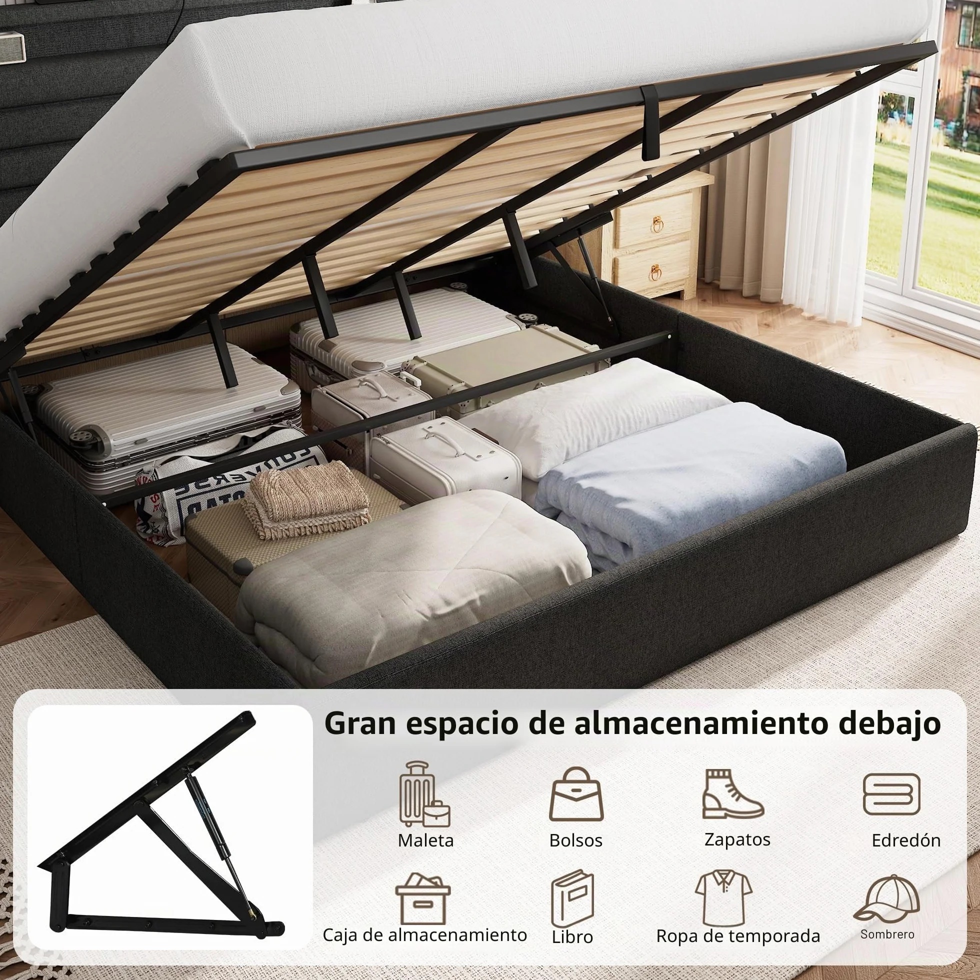 FEONASE Cama 160x200 cm con Almacenamiento, Tapizada, LED y Carga, Cabecero Hidráulico de Lino