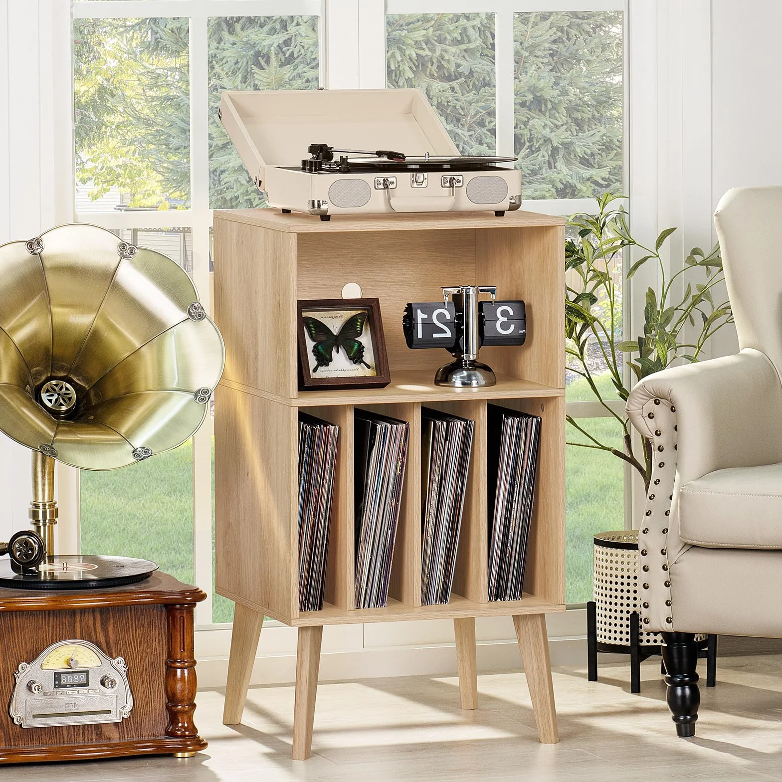 Soporte para tocadiscos Mid-Century con patas de madera, almacenamiento para 160 álbumes, mesa auxiliar natural