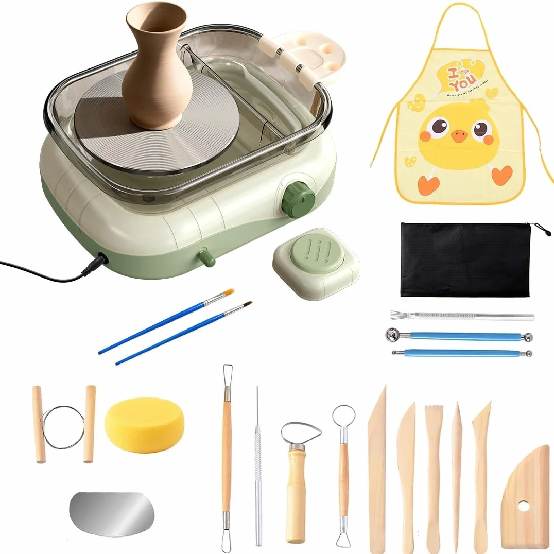 Kit Mini de Torno de Cerámica, Alfarero Torno Eléctrico de 17.5 cm con pedal y Caja de Almacenamiento, Velocidad Ajustable y Rotación Hacia Adelante y Atrás, para Adultos y Niños Principiantes