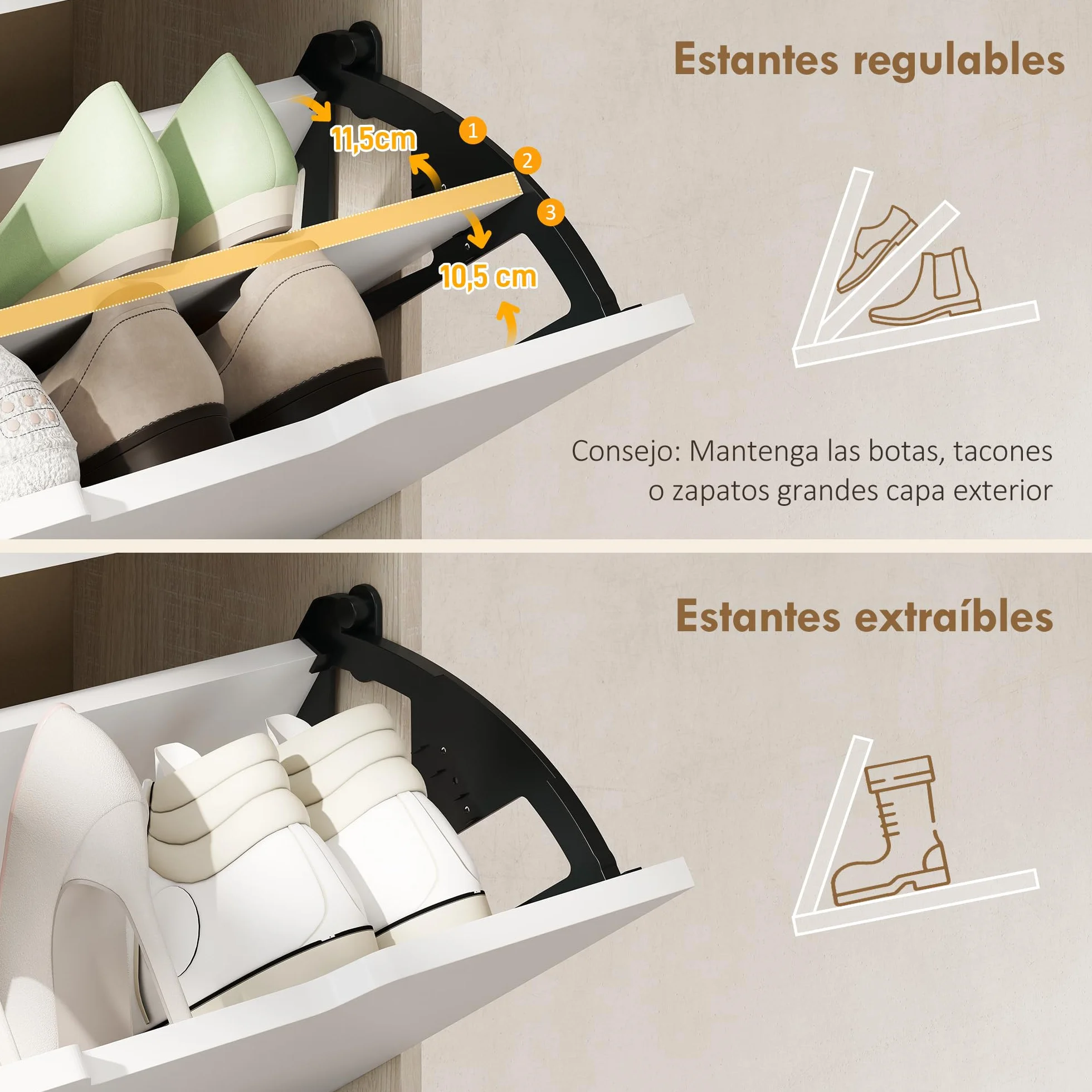 HOMCOM Zapatero Estrecho, 3 Puertas Abatibles, Zapatero Entrada Recibidor para 18 Pares de Zapatos, para Pasillo, Espacios Reducidos, 62,5x26x117,5 cm, Roble y Blanco