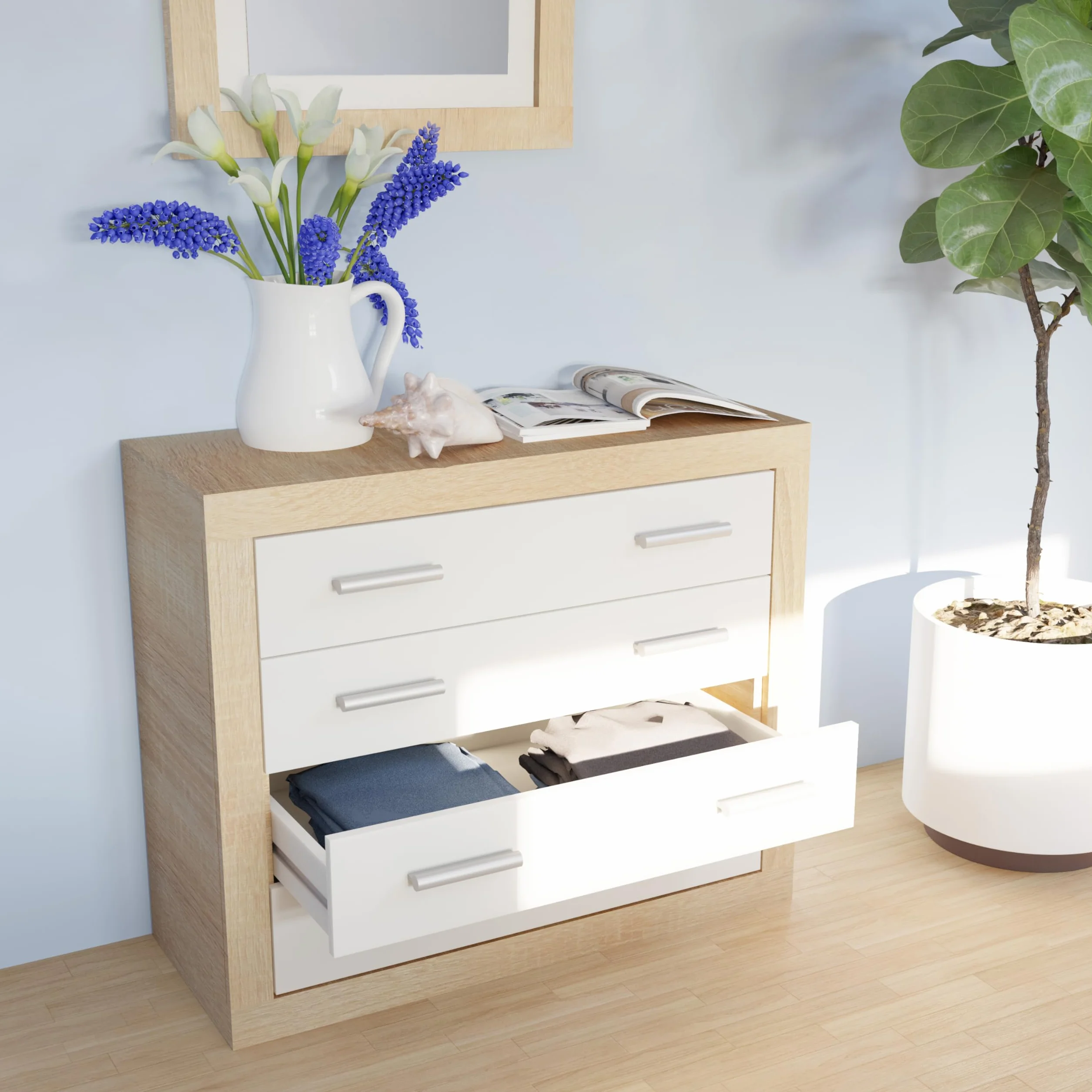 duehome | Conjunto de Dormitorio Kira 4c - Cabecero + 2 Mesitas de Noche + Comoda y Espejo, Acabado en Cambria y Blanco