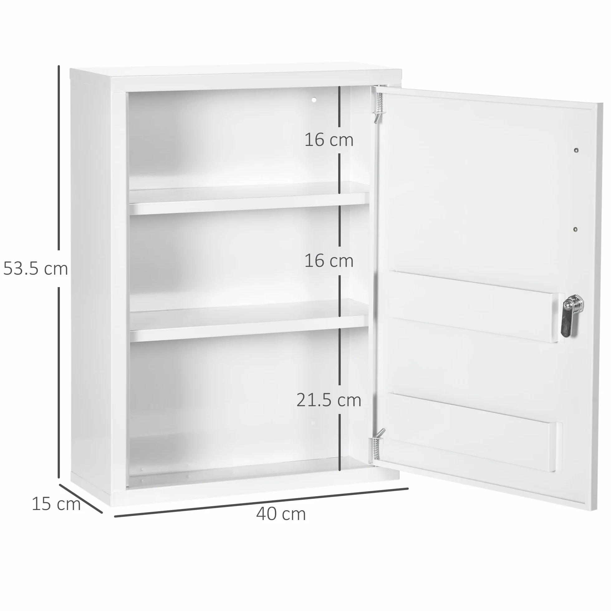 Kleankin Botiquín de Pared de Acero 3 Niveles Armario con Cerradura 40x15x53,5 cm Blanco