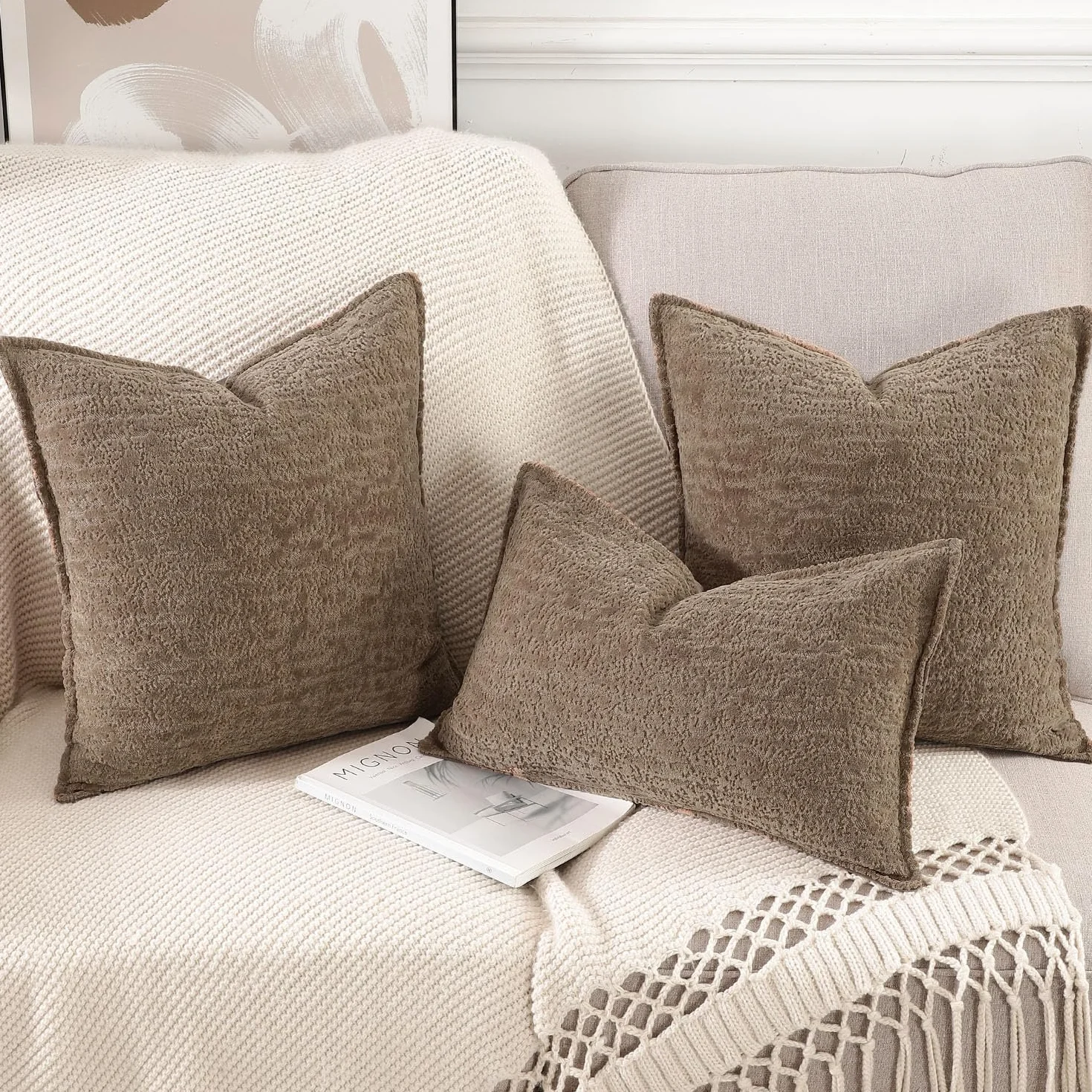 Madizz Juego de 2 Fundas de Cojín de Chenilla Suave con Borde Neutras Taupe 45x45 cm