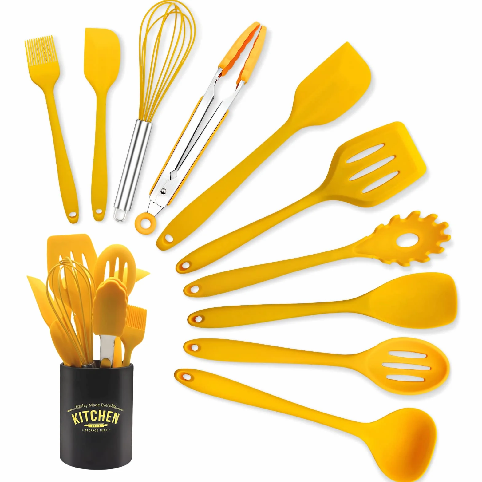 Juego de utensilios de cocina de 11 piezas, juego de utensilios de cocina amarillos, espátula de silicona antiadherente con soporte de hierro, utensilios de cocina de silicona (amarillo)