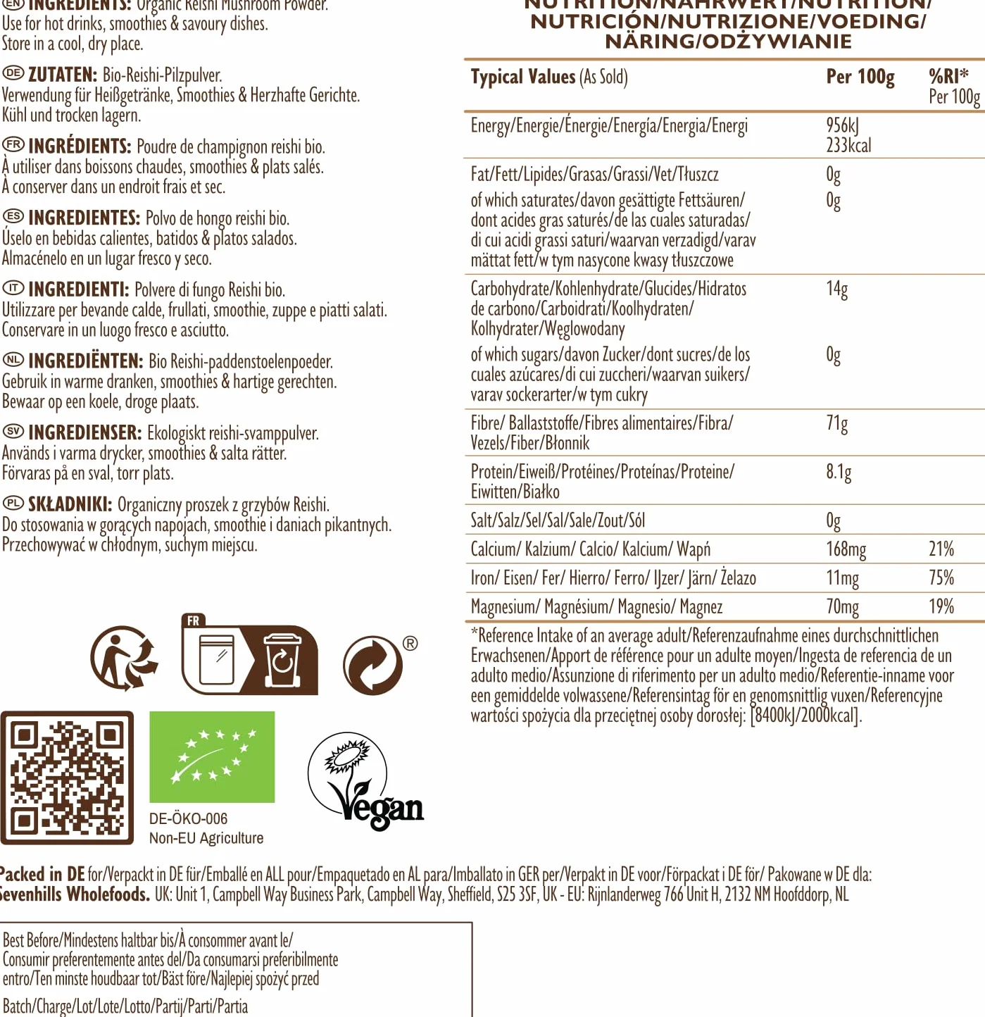 Sevenhills Wholefoods Hongo Reishi Bio en Polvo 100g Cuerpo Fructuoso Ganoderma Lucidum Vegano